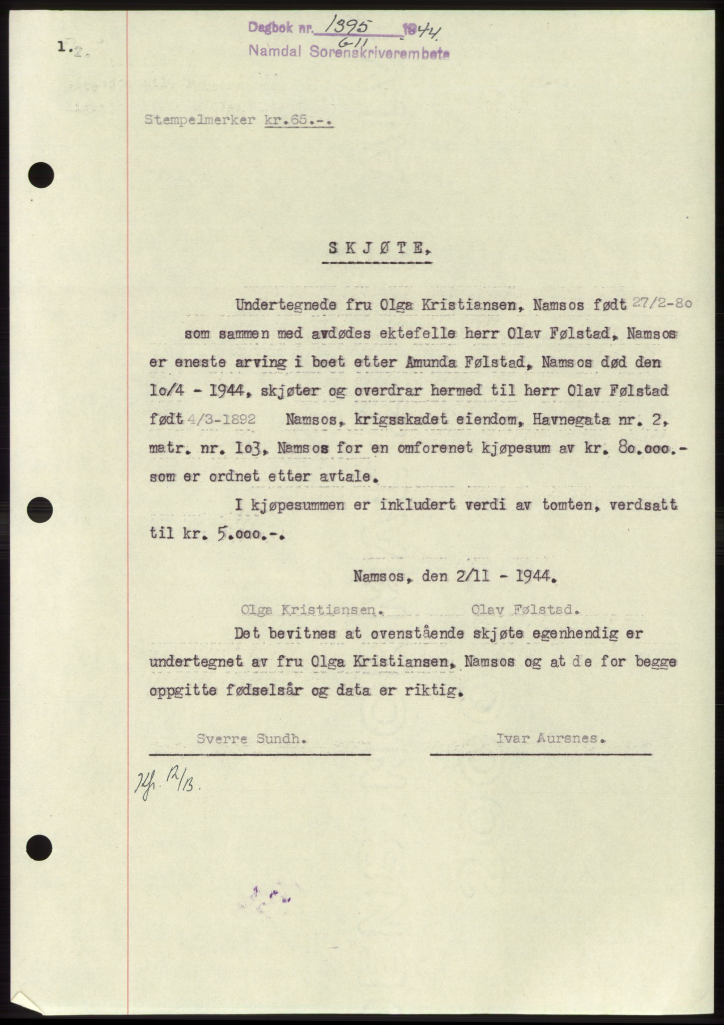 Namdal sorenskriveri, SAT/A-4133/1/2/2C: Pantebok nr. -, 1944-1945, Dagboknr: 1395/1944