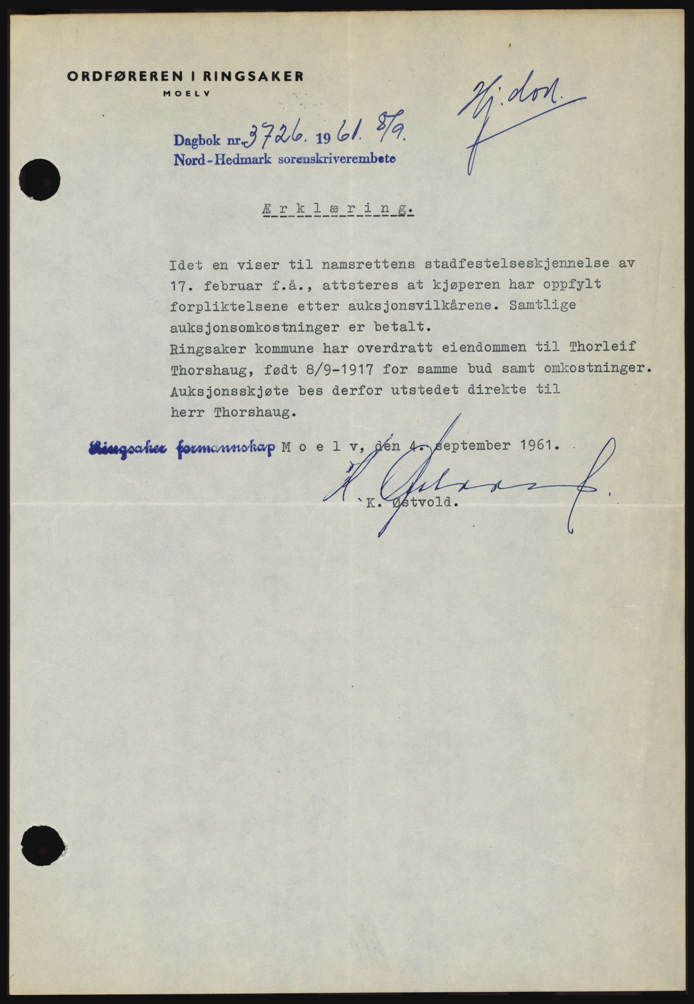 Nord-Hedmark sorenskriveri, SAH/TING-012/H/Hc/L0015: Pantebok nr. 15, 1961-1961, Dagboknr: 3726/1961