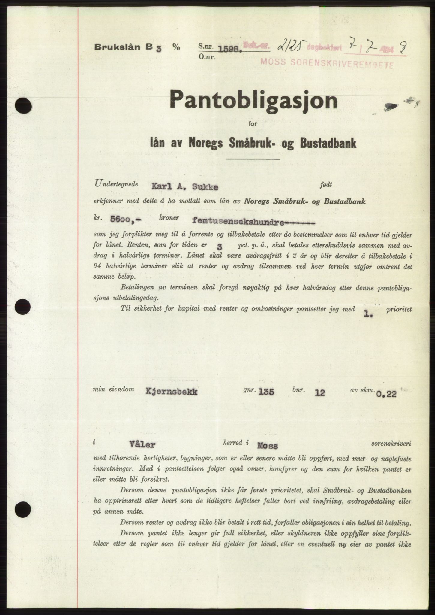 Moss sorenskriveri, SAO/A-10168: Pantebok nr. B22, 1949-1949, Dagboknr: 2125/1949