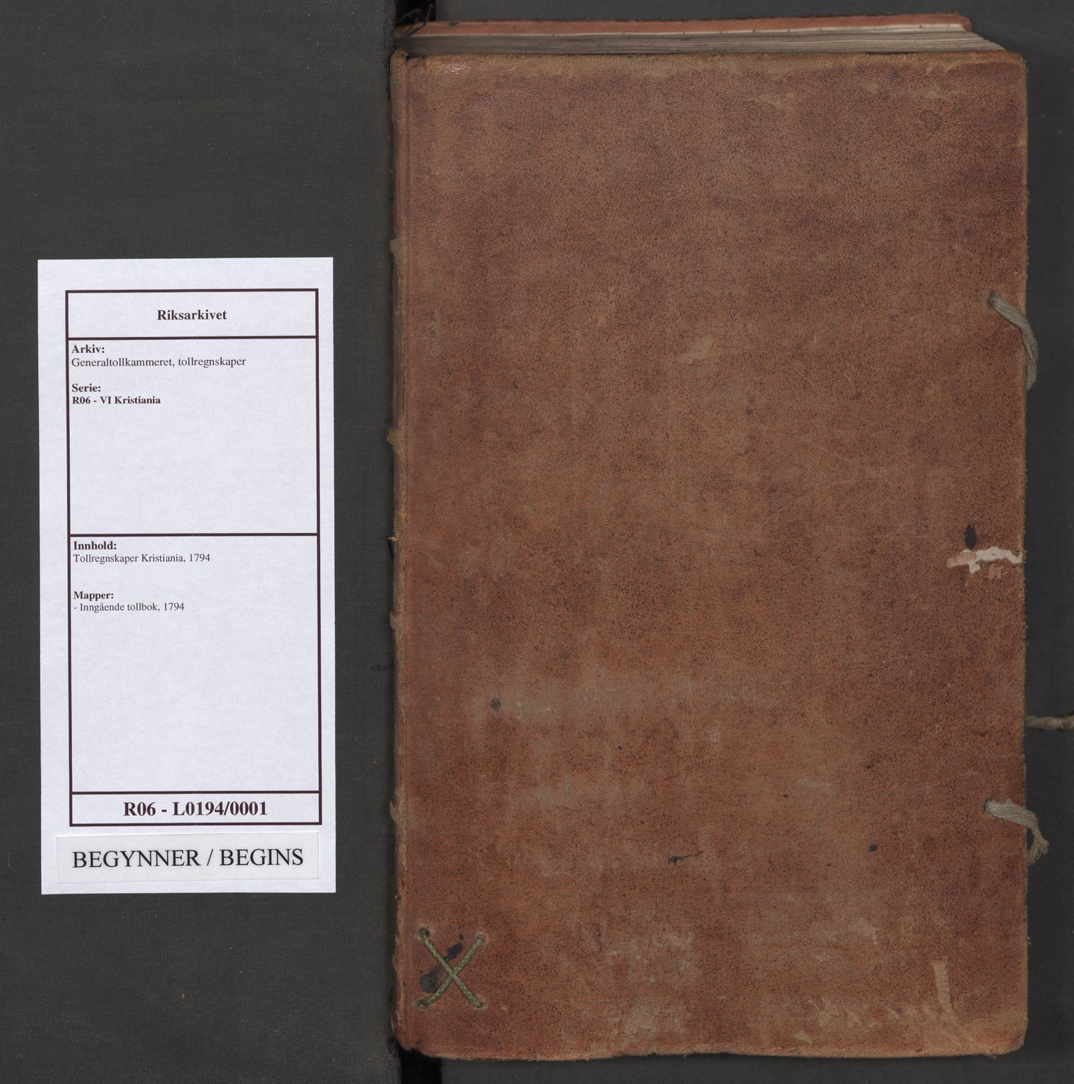 Generaltollkammeret, tollregnskaper, RA/EA-5490/R06/L0194/0001: Tollregnskaper Kristiania / Inngående tollbok, 1794