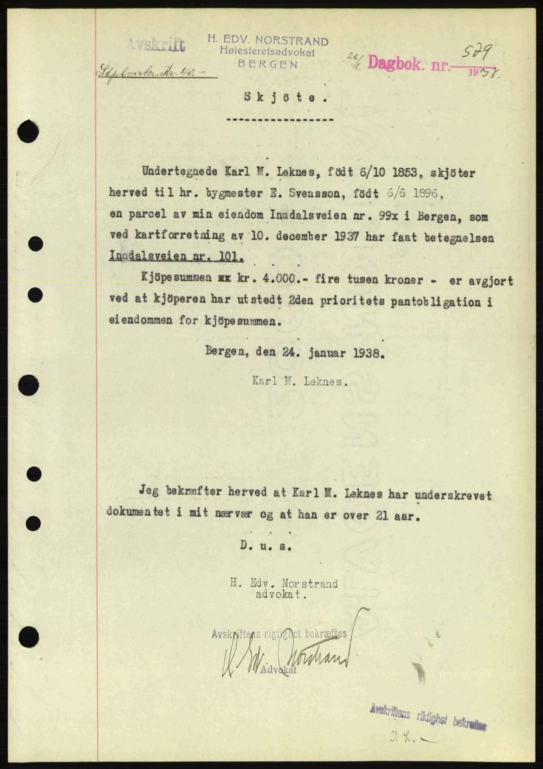 Byfogd og Byskriver i Bergen, SAB/A-3401/03/03Bc/L0006: Pantebok nr. A5, 1937-1938, Dagboknr: 579/1938