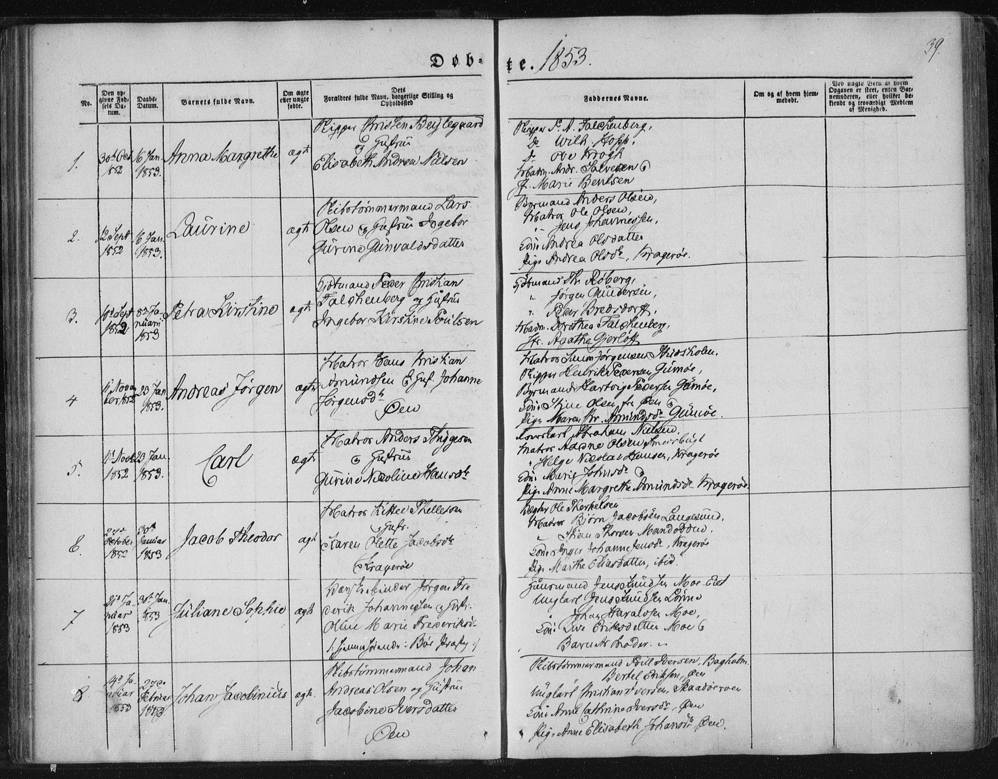 Kragerø kirkebøker, AV/SAKO-A-278/F/Fa/L0006: Ministerialbok nr. 6, 1847-1861, s. 39