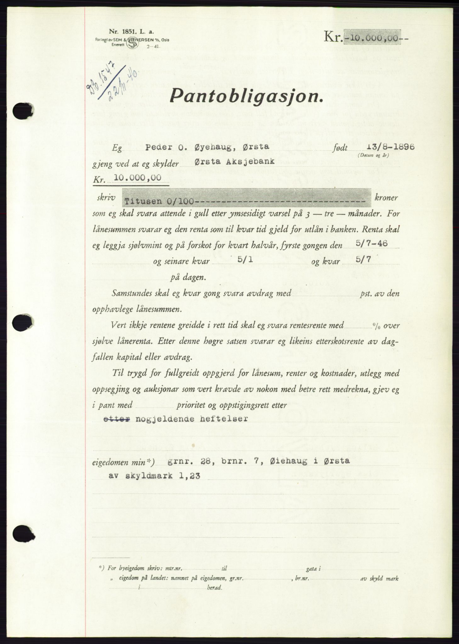 Søre Sunnmøre sorenskriveri, AV/SAT-A-4122/1/2/2C/L0114: Pantebok nr. 1-2B, 1943-1947, Dagboknr: 1547/1946