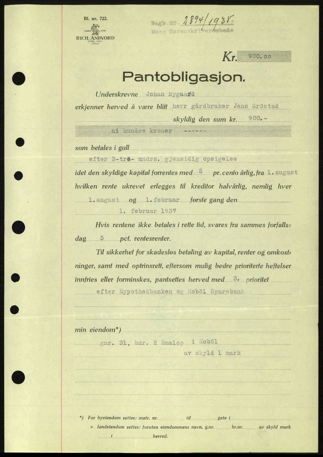 Moss sorenskriveri, SAO/A-10168: Pantebok nr. B6, 1938-1938, Dagboknr: 2894/1938