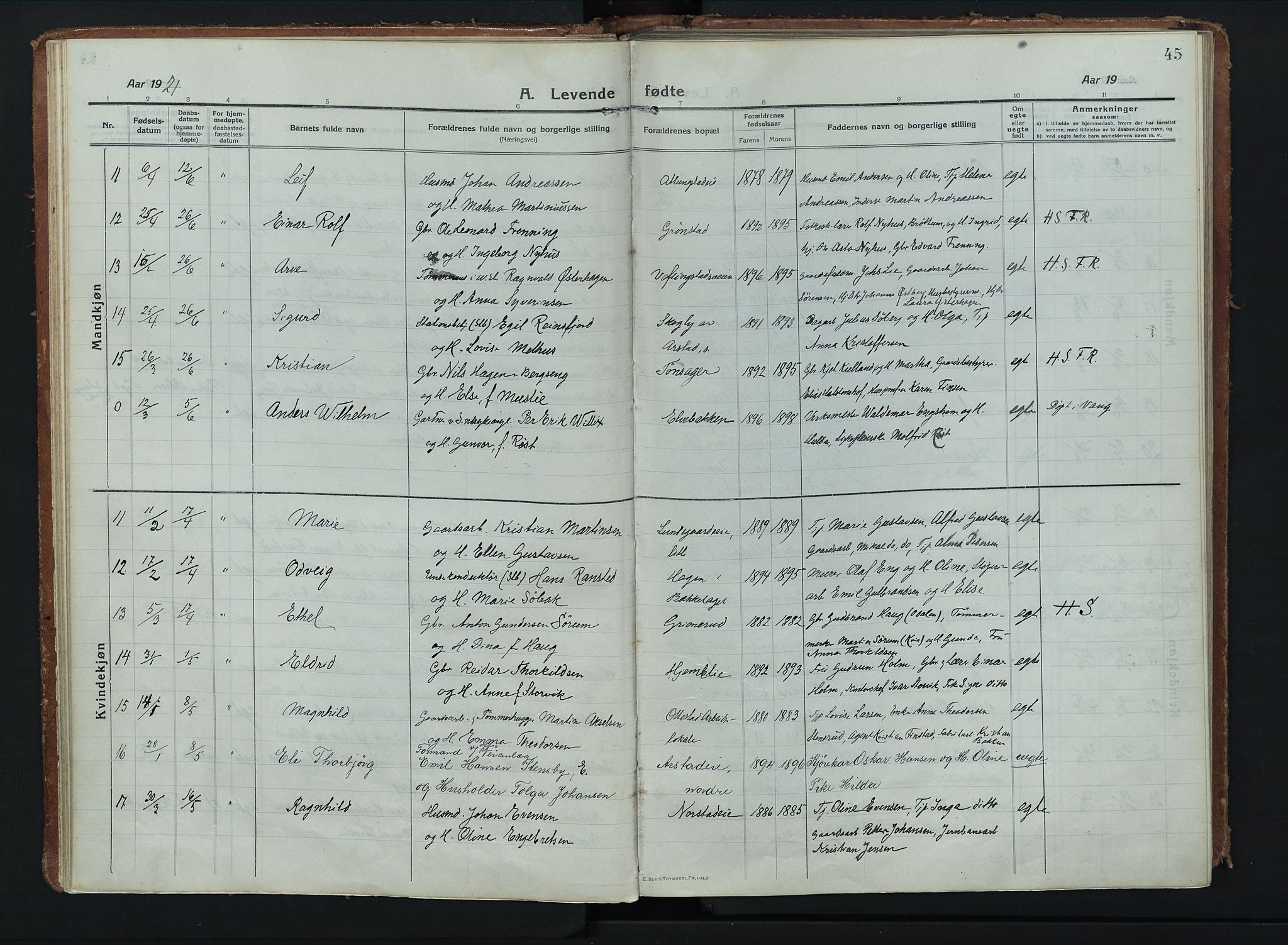 Stange prestekontor, AV/SAH-PREST-002/K/L0028: Ministerialbok nr. 28, 1913-1932, s. 45