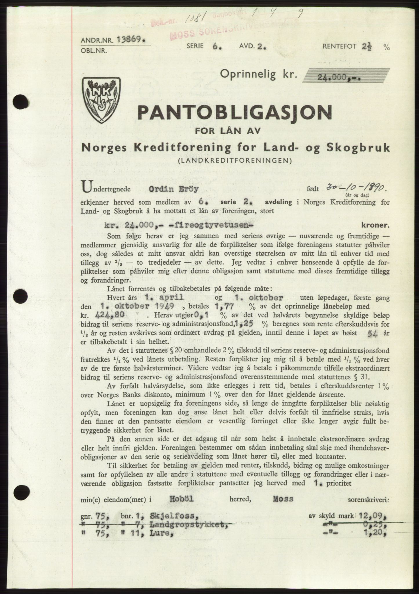 Moss sorenskriveri, SAO/A-10168: Pantebok nr. B21, 1949-1949, Dagboknr: 1081/1949