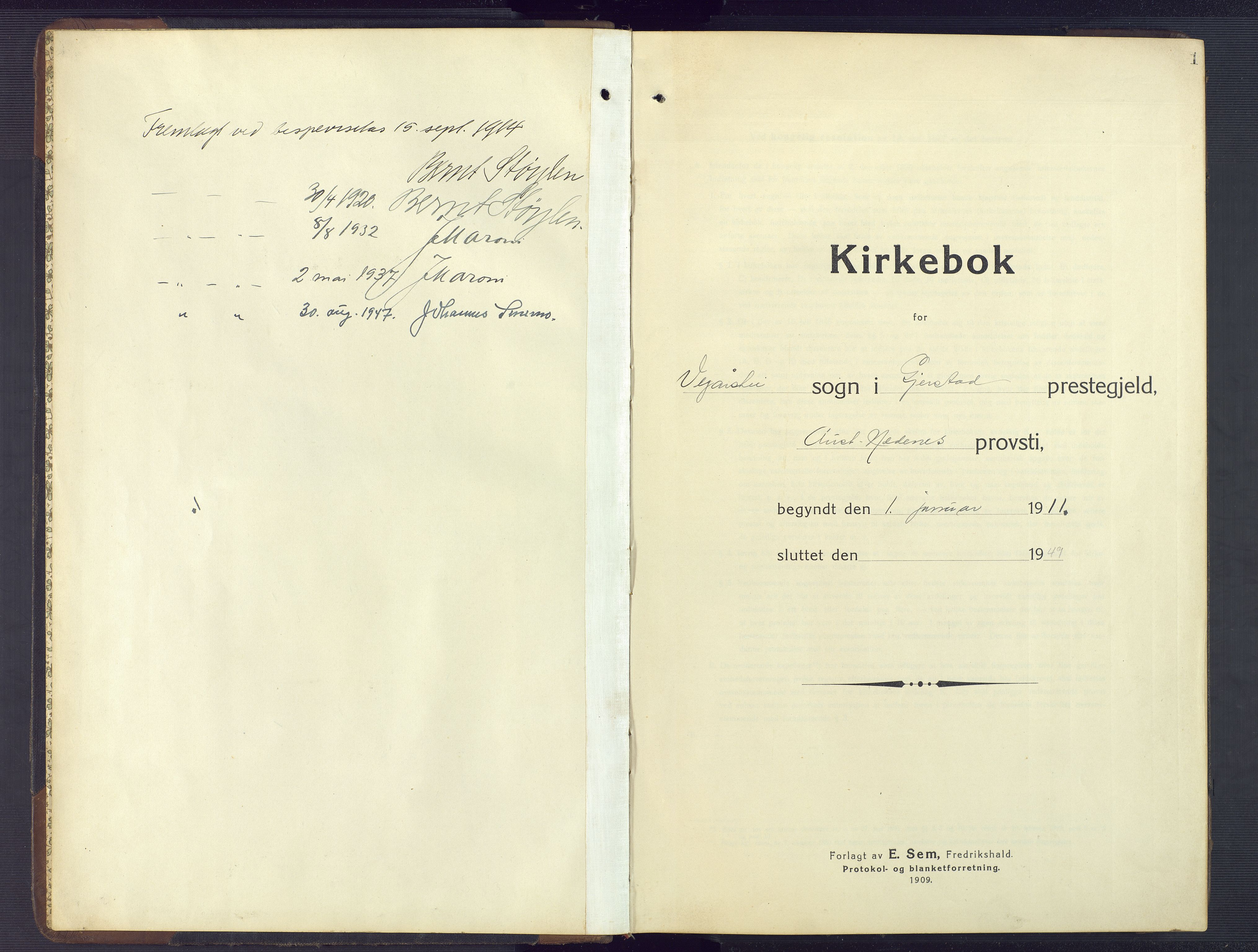 Gjerstad sokneprestkontor, SAK/1111-0014/F/Fb/Fbb/L0005: Klokkerbok nr. B 5, 1911-1949, s. 1