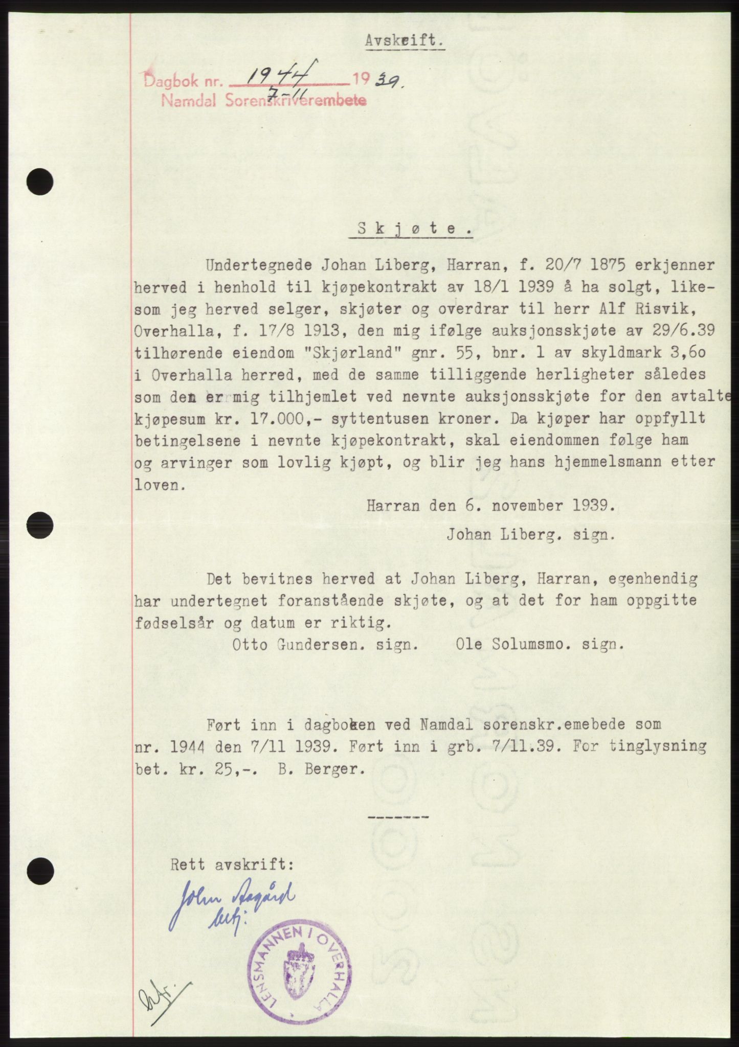 Namdal sorenskriveri, SAT/A-4133/1/2/2C: Pantebok nr. -, 1937-1939, Tingl.dato: 07.11.1939