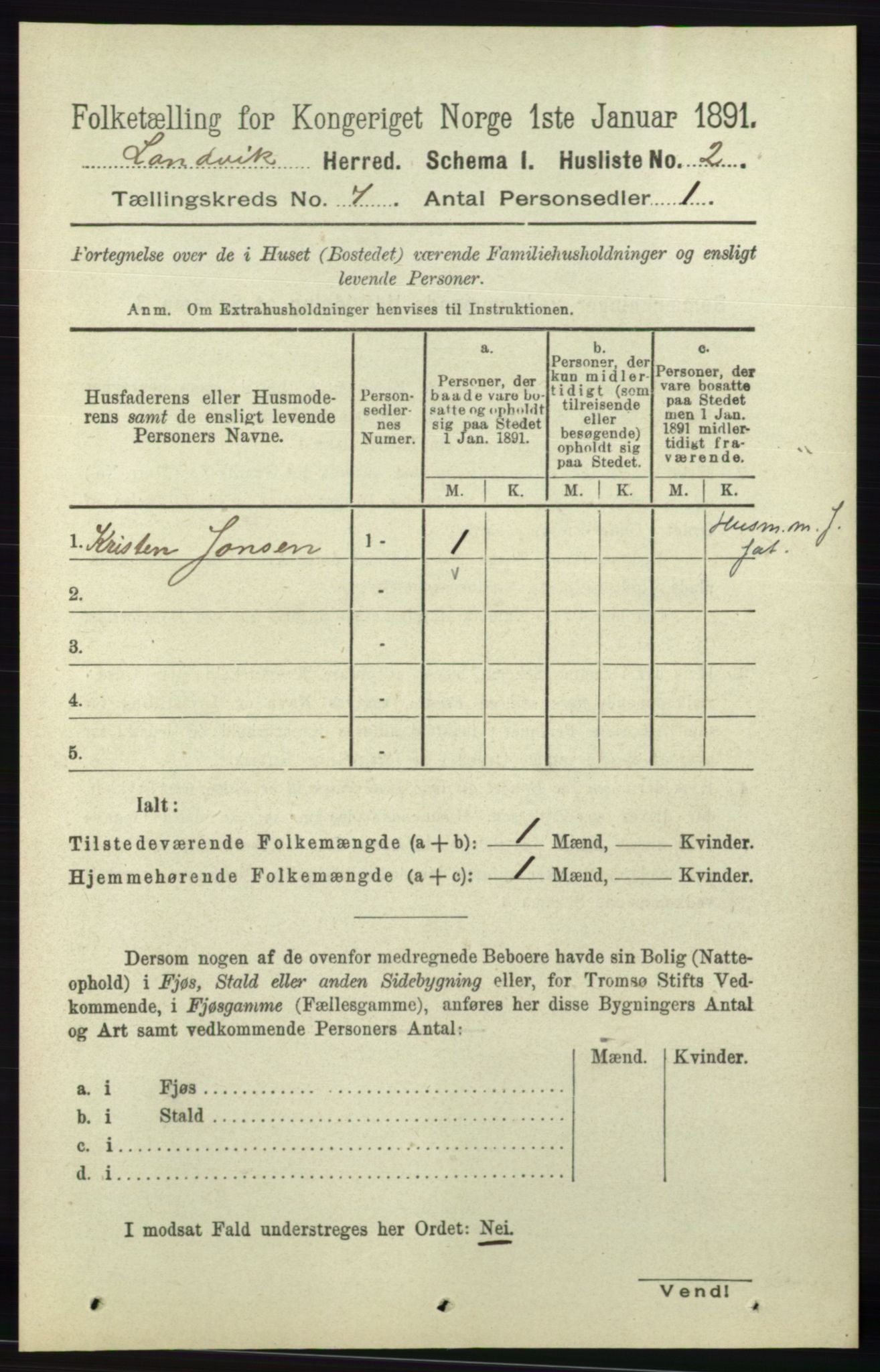 RA, Folketelling 1891 for 0924 Landvik herred, 1891, s. 2726