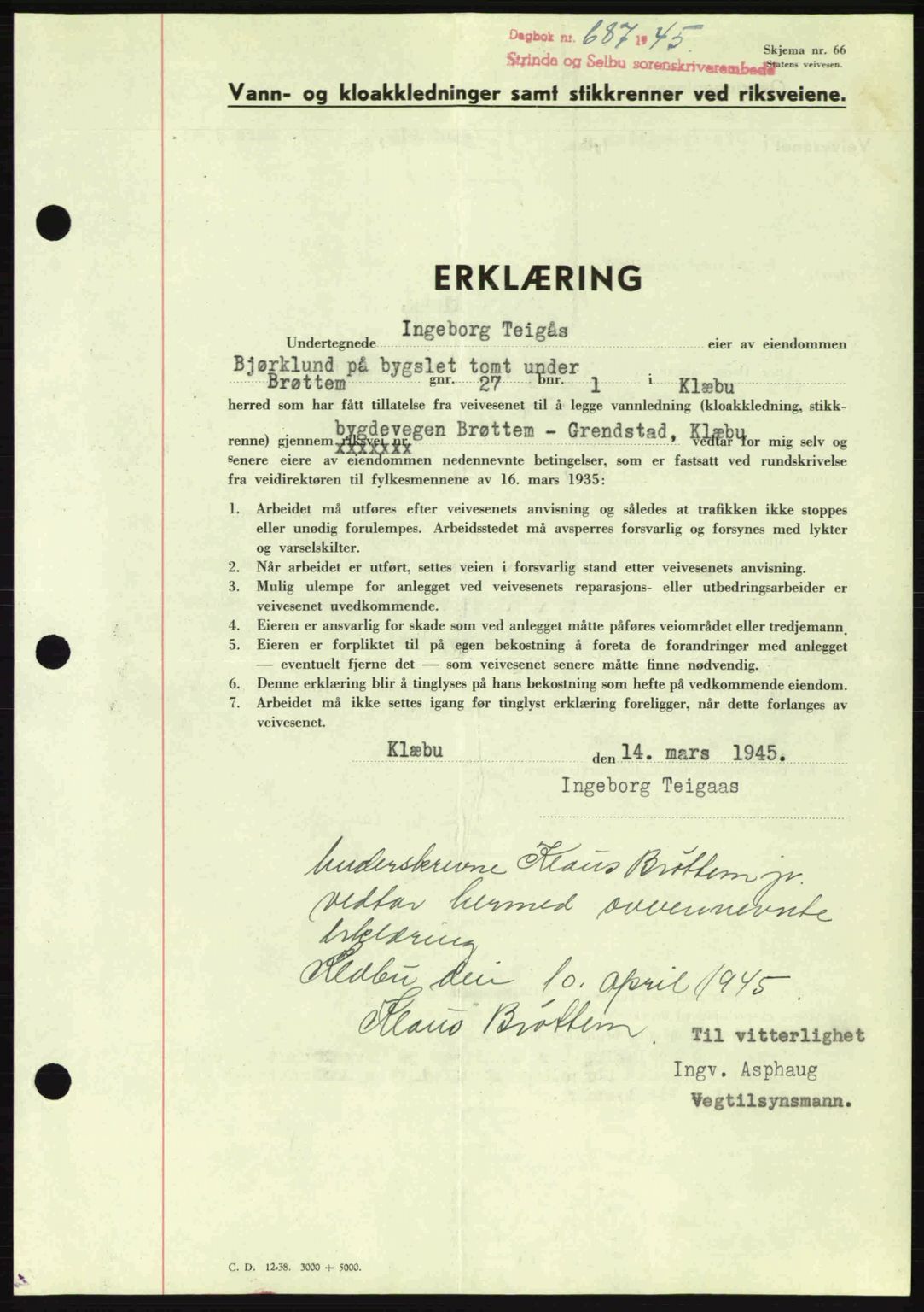 Strinda og Selbu sorenskriveri, SAT/A-0015/2/2C: Pantebok nr. A9, 1944-1945, Dagboknr: 687/1945