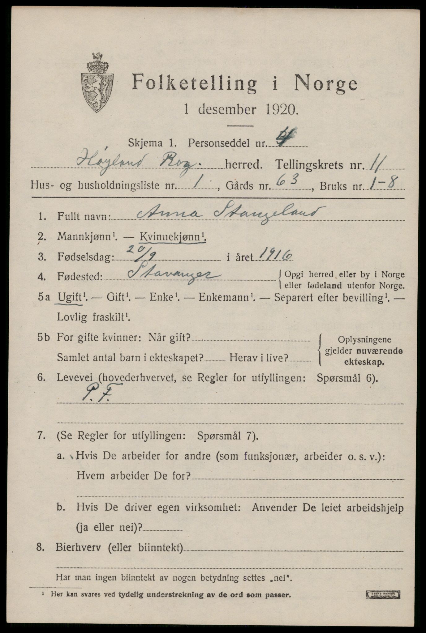 SAST, Folketelling 1920 for 1123 Høyland herred, 1920, s. 8672