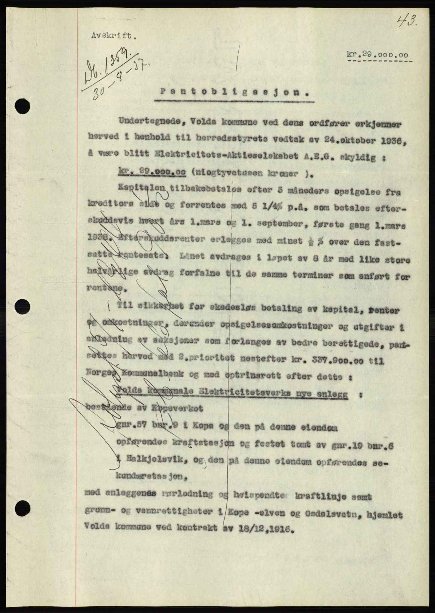 Søre Sunnmøre sorenskriveri, SAT/A-4122/1/2/2C/L0064: Pantebok nr. 58, 1937-1938, Dagboknr: 1359/1937