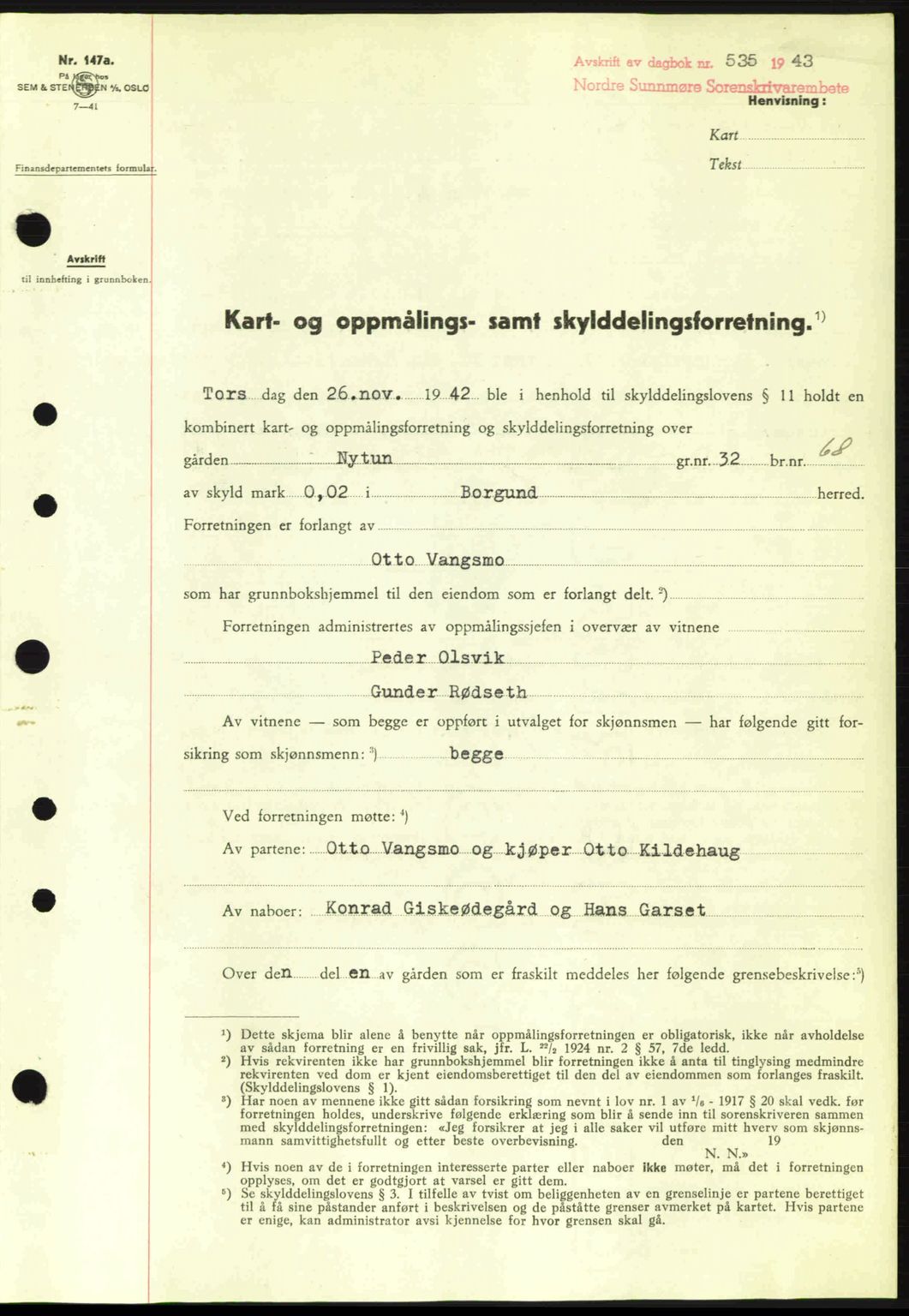 Nordre Sunnmøre sorenskriveri, AV/SAT-A-0006/1/2/2C/2Ca: Pantebok nr. A15, 1942-1943, Dagboknr: 535/1943