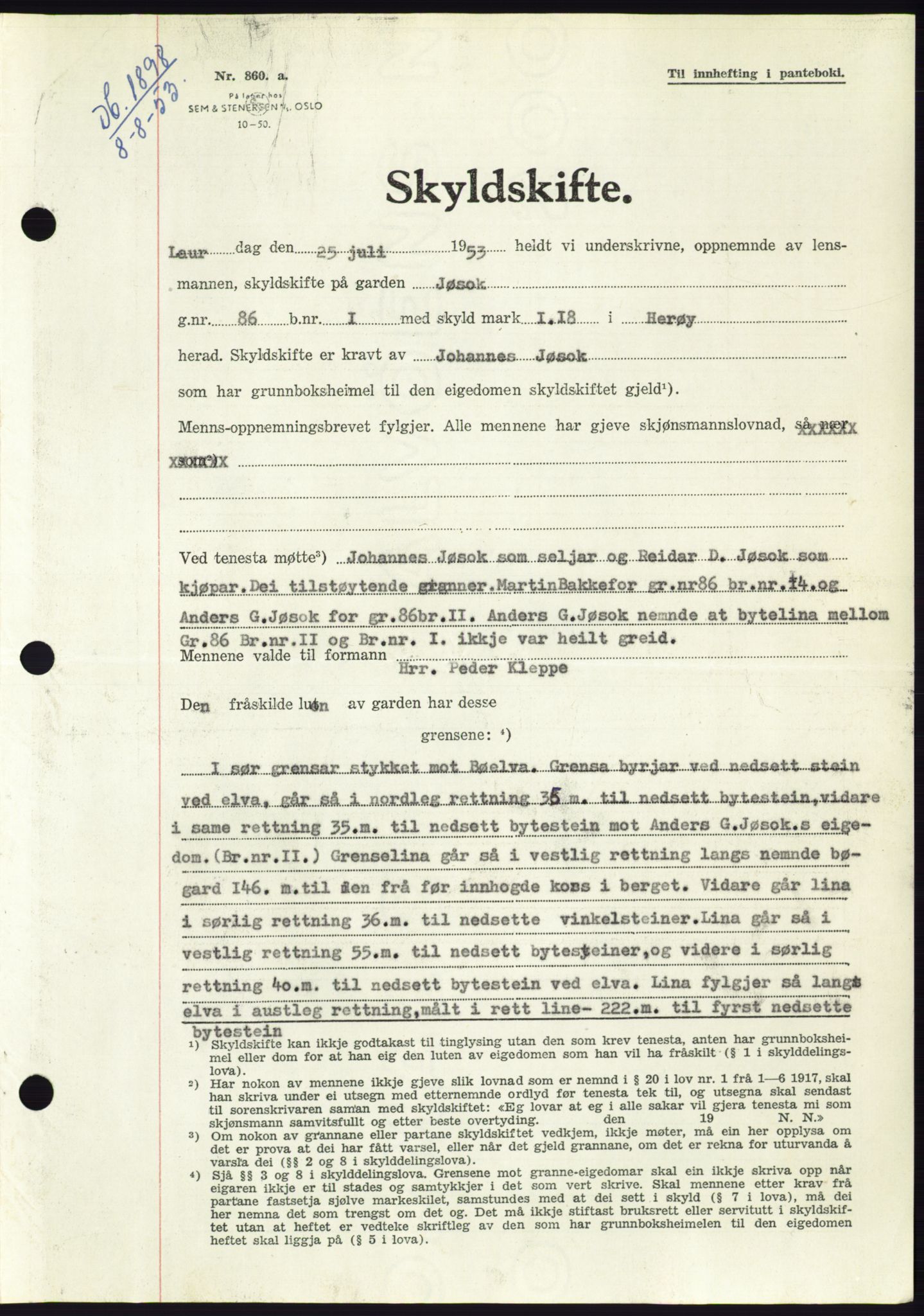 Søre Sunnmøre sorenskriveri, AV/SAT-A-4122/1/2/2C/L0095: Pantebok nr. 21A, 1953-1953, Dagboknr: 1898/1953