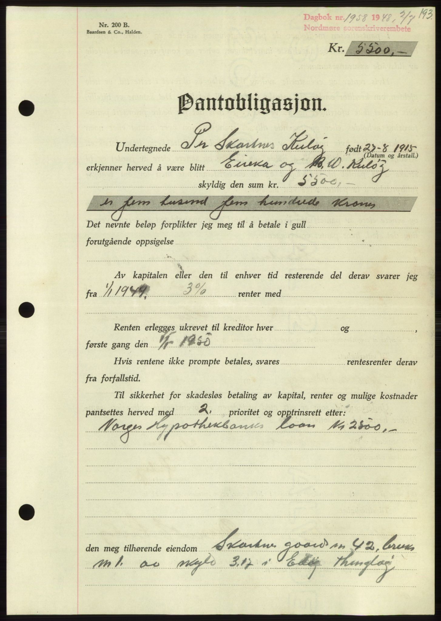 Nordmøre sorenskriveri, AV/SAT-A-4132/1/2/2Ca: Pantebok nr. B99, 1948-1948, Dagboknr: 1958/1948