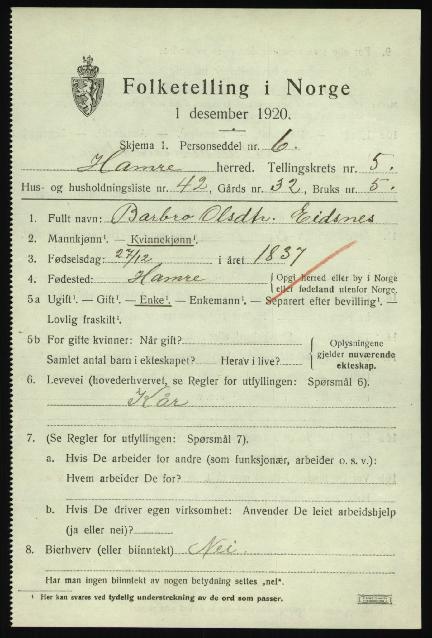 SAB, Folketelling 1920 for 1254 Hamre herred, 1920, s. 3423