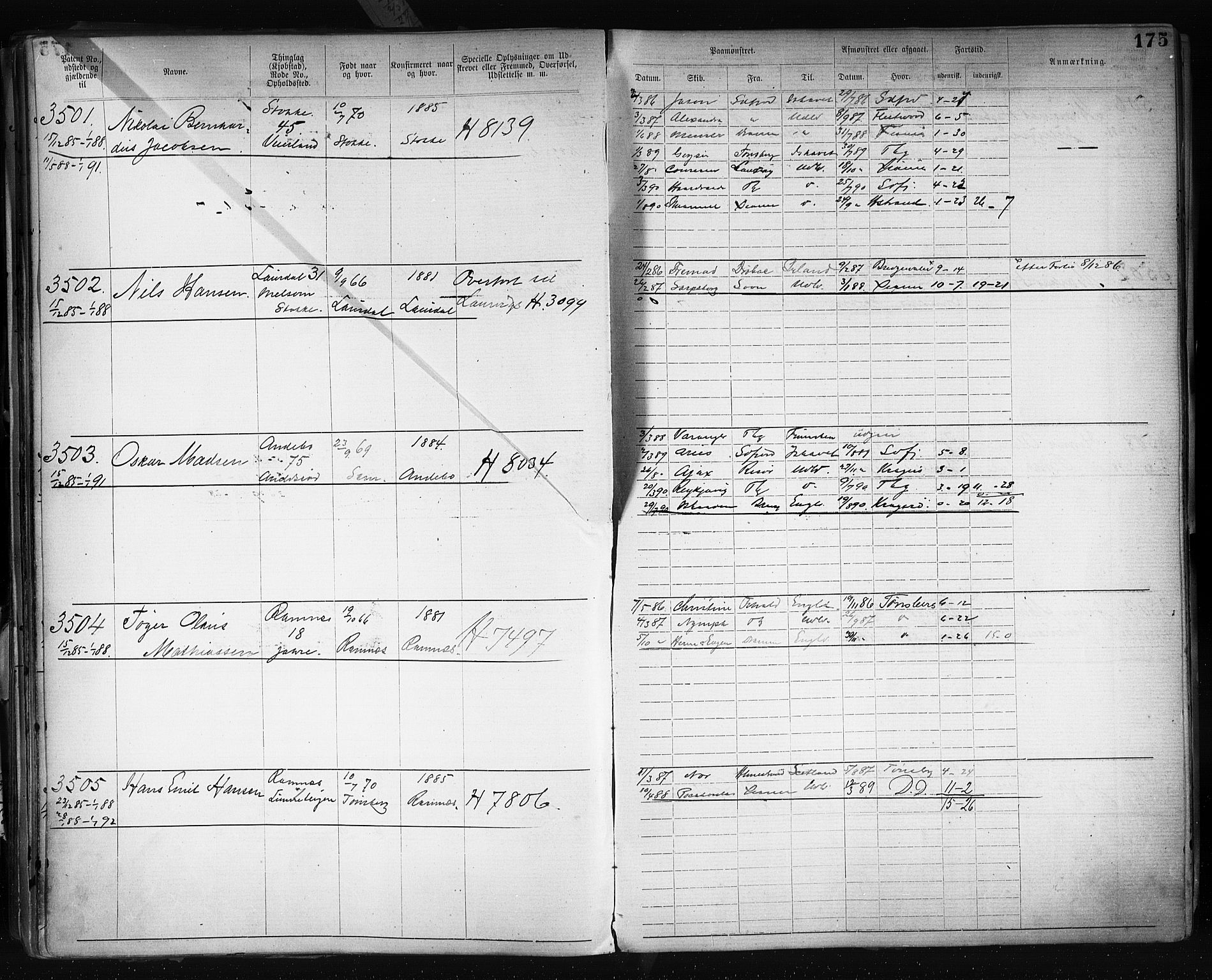 Tønsberg innrulleringskontor, SAKO/A-786/F/Fb/L0003: Annotasjonsrulle Patent nr. 2646-5149, 1881-1892, s. 178