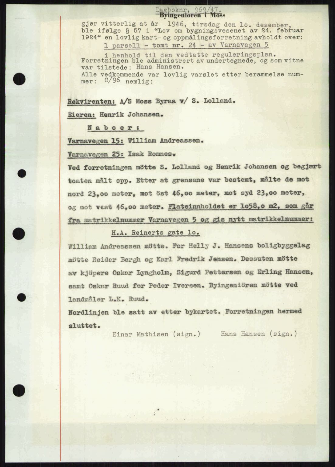 Moss sorenskriveri, SAO/A-10168: Pantebok nr. A17, 1947-1947, Dagboknr: 969/1947