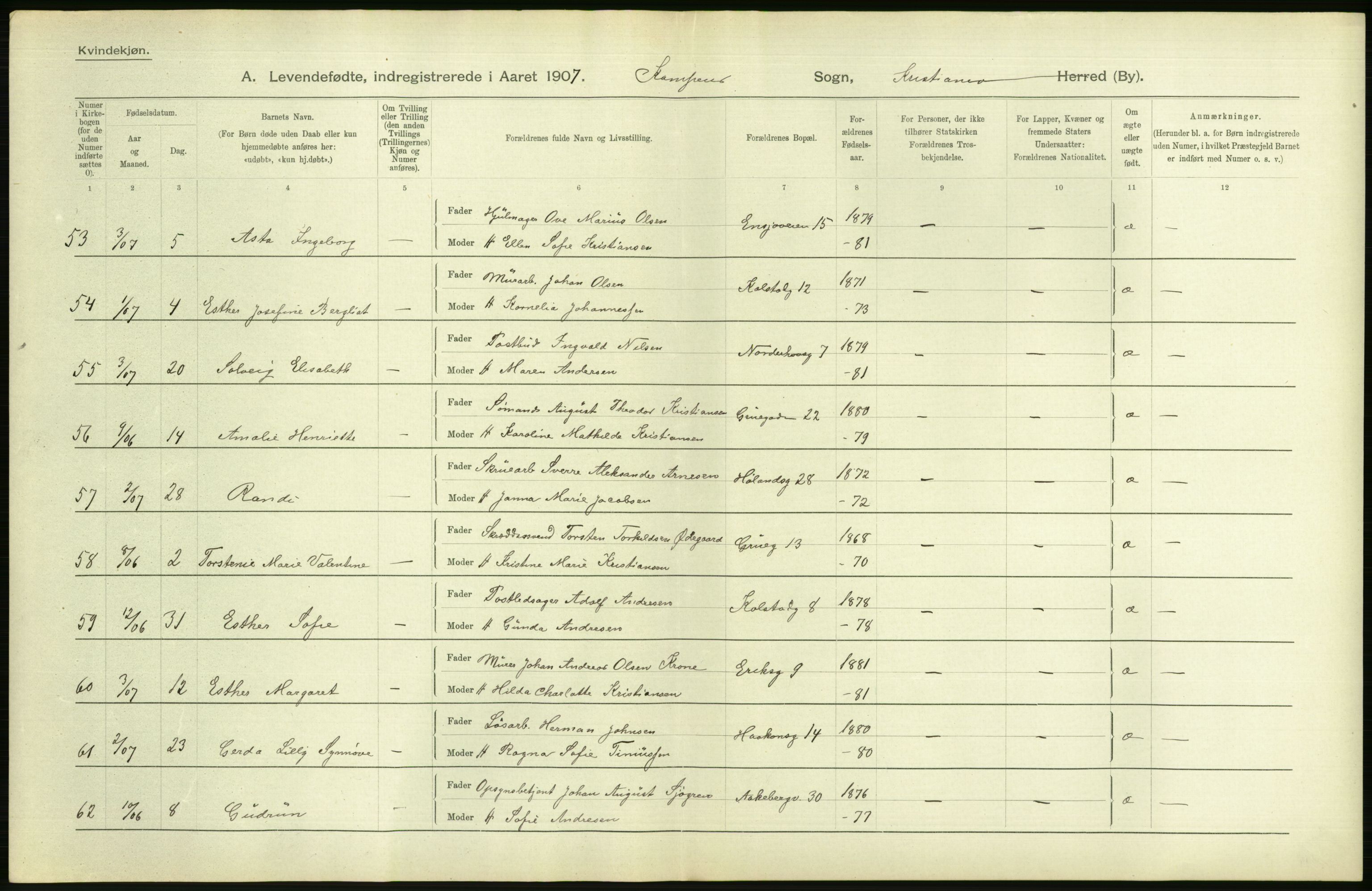 Statistisk sentralbyrå, Sosiodemografiske emner, Befolkning, AV/RA-S-2228/D/Df/Dfa/Dfae/L0007: Kristiania: Levendefødte menn og kvinner., 1907, s. 526