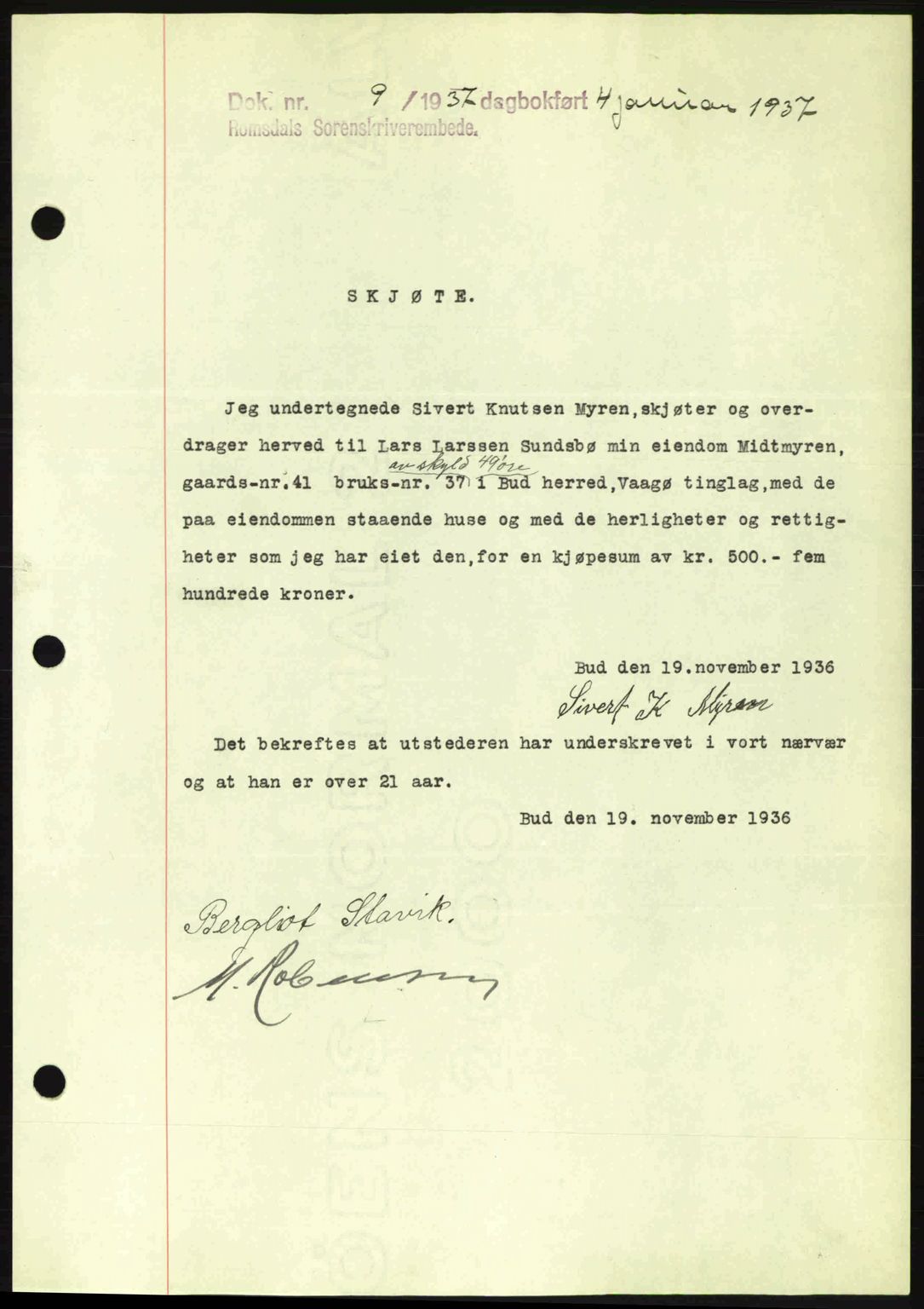 Romsdal sorenskriveri, SAT/A-4149/1/2/2C: Pantebok nr. A2, 1936-1937, Dagboknr: 9/1937