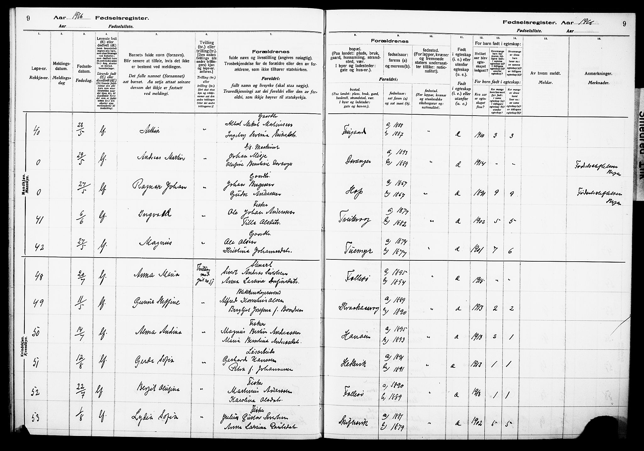 Askøy Sokneprestembete, AV/SAB-A-74101/I/Id/L00A1: Fødselsregister nr. A 1, 1916-1928, s. 9