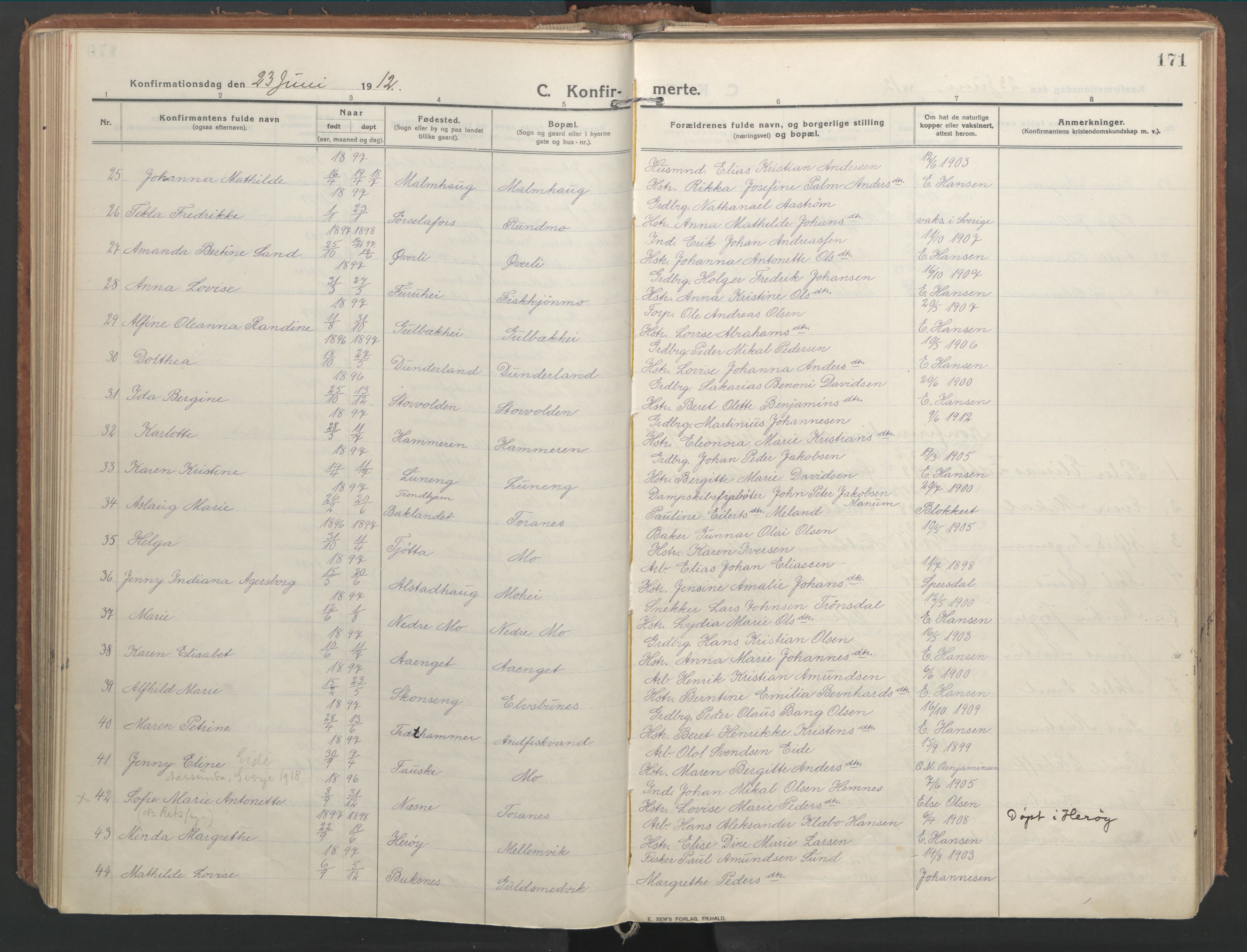 Ministerialprotokoller, klokkerbøker og fødselsregistre - Nordland, AV/SAT-A-1459/827/L0404: Ministerialbok nr. 827A16, 1912-1925, s. 171