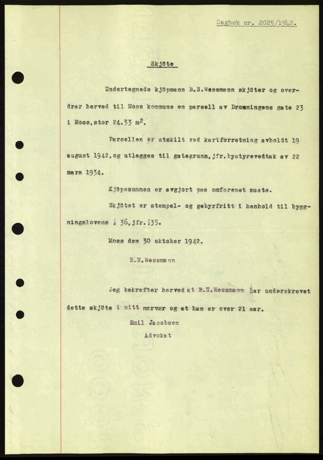 Moss sorenskriveri, SAO/A-10168: Pantebok nr. A10, 1942-1943, Dagboknr: 2025/1942