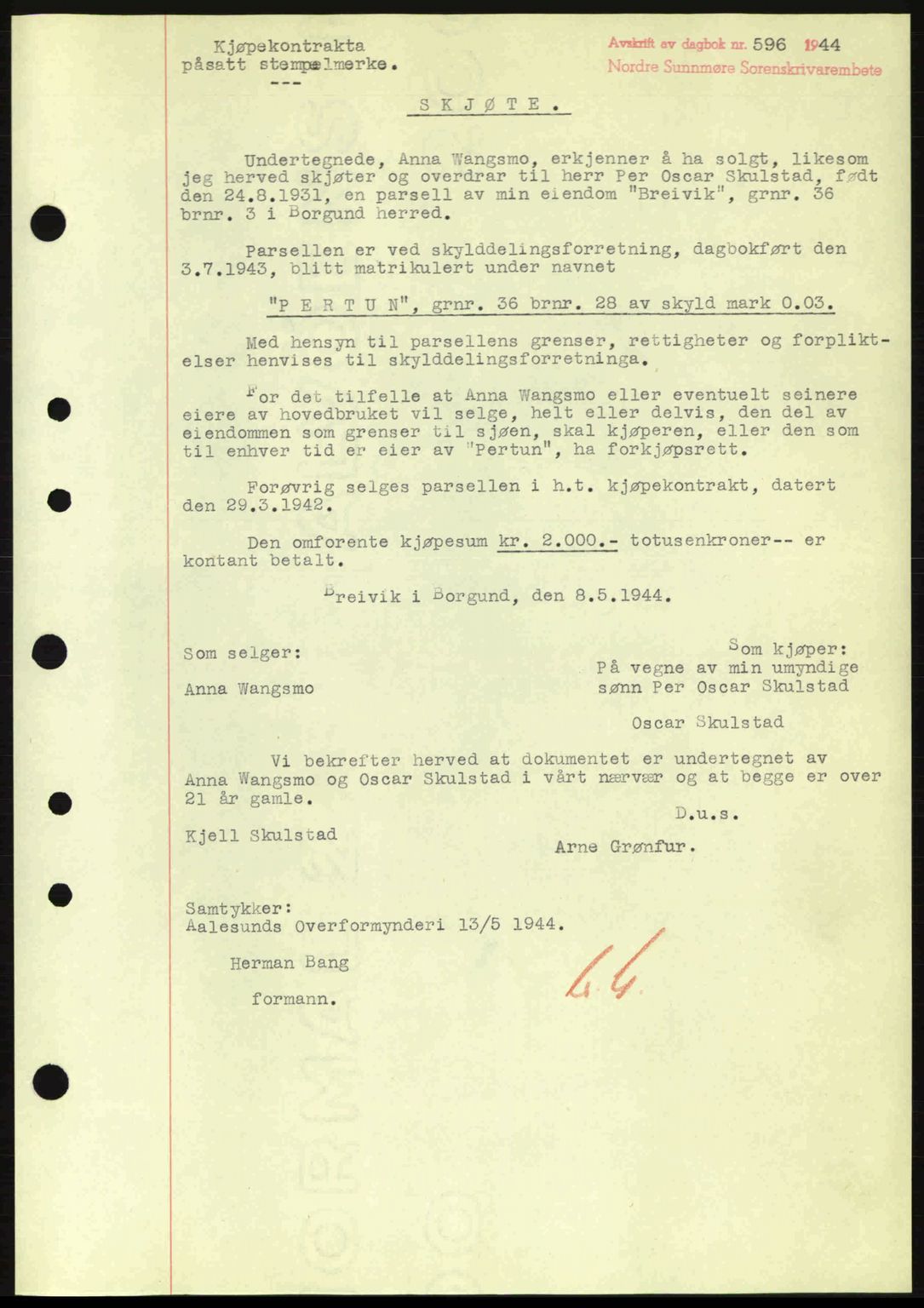 Nordre Sunnmøre sorenskriveri, AV/SAT-A-0006/1/2/2C/2Ca: Pantebok nr. A17, 1943-1944, Dagboknr: 596/1944