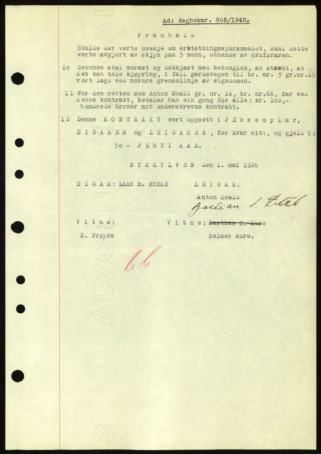 Nordre Sunnmøre sorenskriveri, AV/SAT-A-0006/1/2/2C/2Ca: Pantebok nr. A13, 1942-1942, Dagboknr: 865/1942