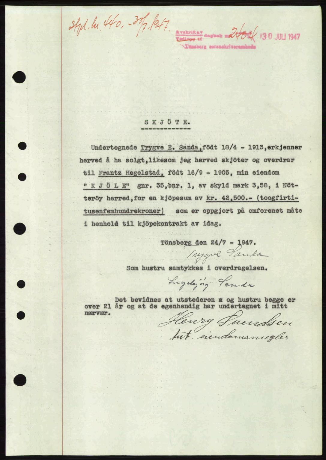Tønsberg sorenskriveri, SAKO/A-130/G/Ga/Gaa/L0022: Pantebok nr. A22, 1947-1947, Dagboknr: 2404/1947