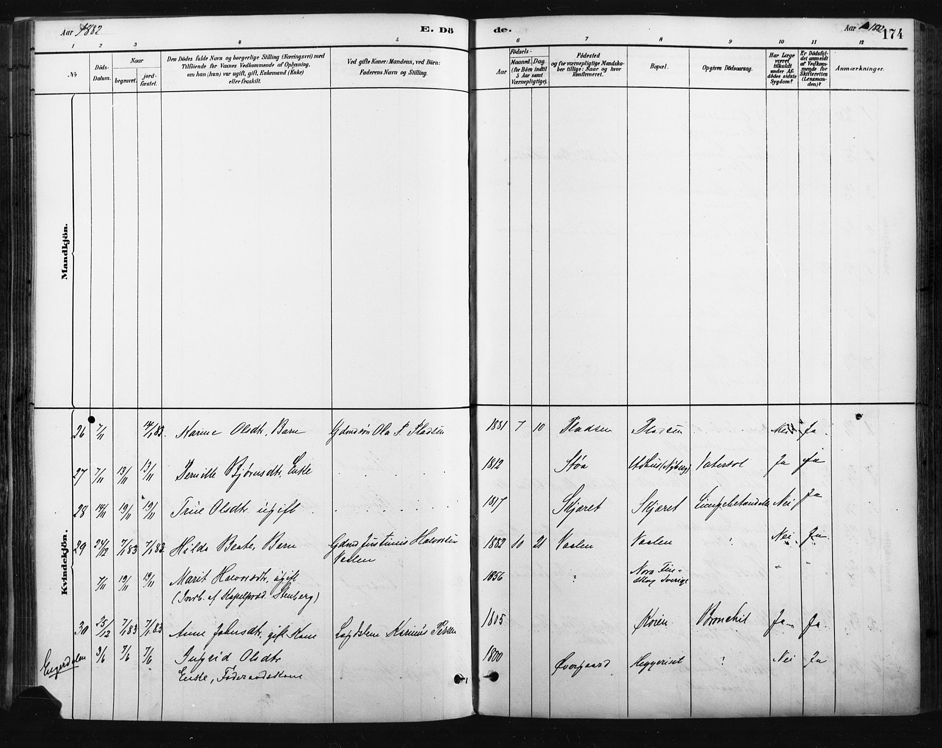 Trysil prestekontor, AV/SAH-PREST-046/H/Ha/Haa/L0009: Ministerialbok nr. 9, 1881-1897, s. 174