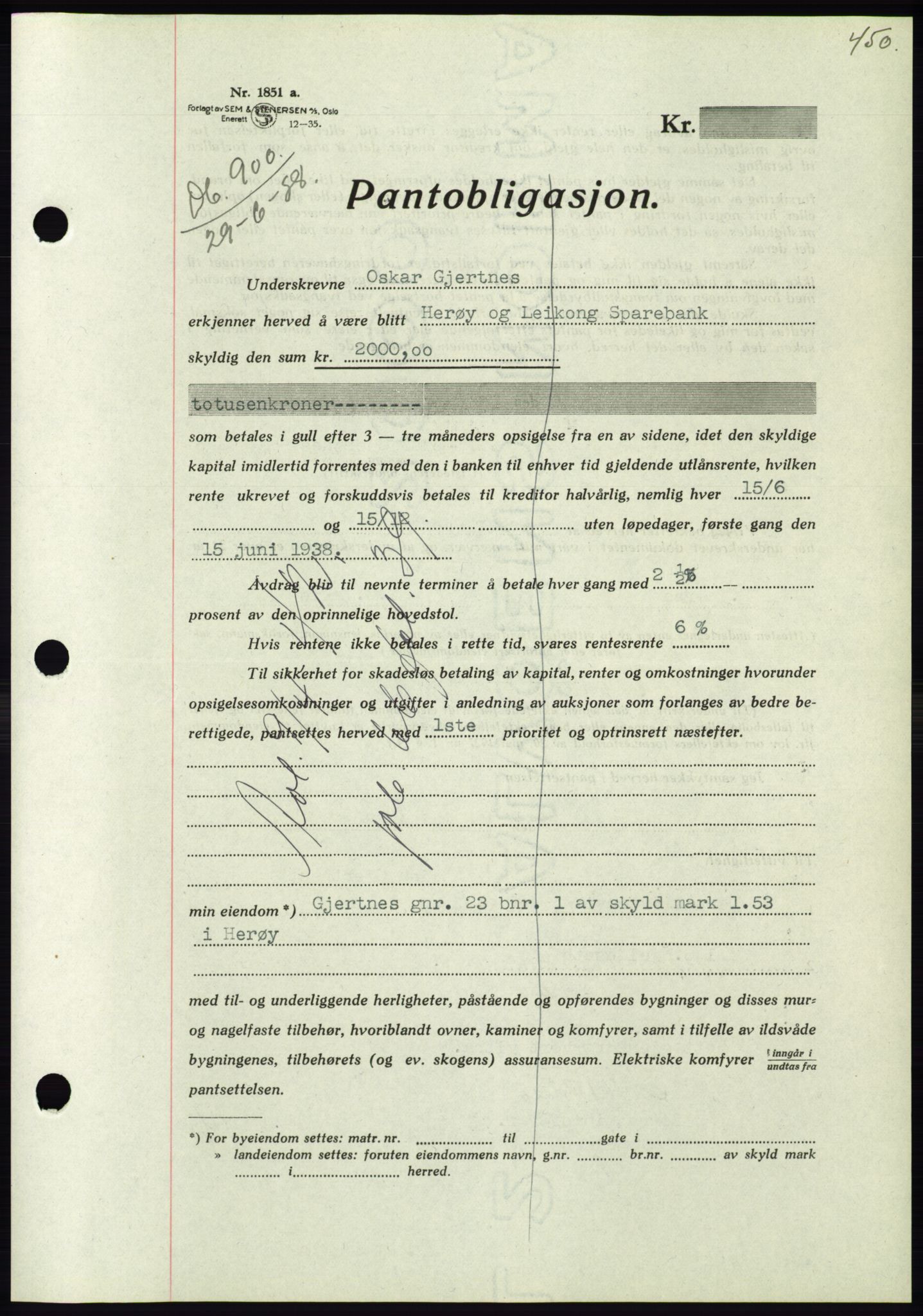 Søre Sunnmøre sorenskriveri, AV/SAT-A-4122/1/2/2C/L0065: Pantebok nr. 59, 1938-1938, Dagboknr: 900/1938