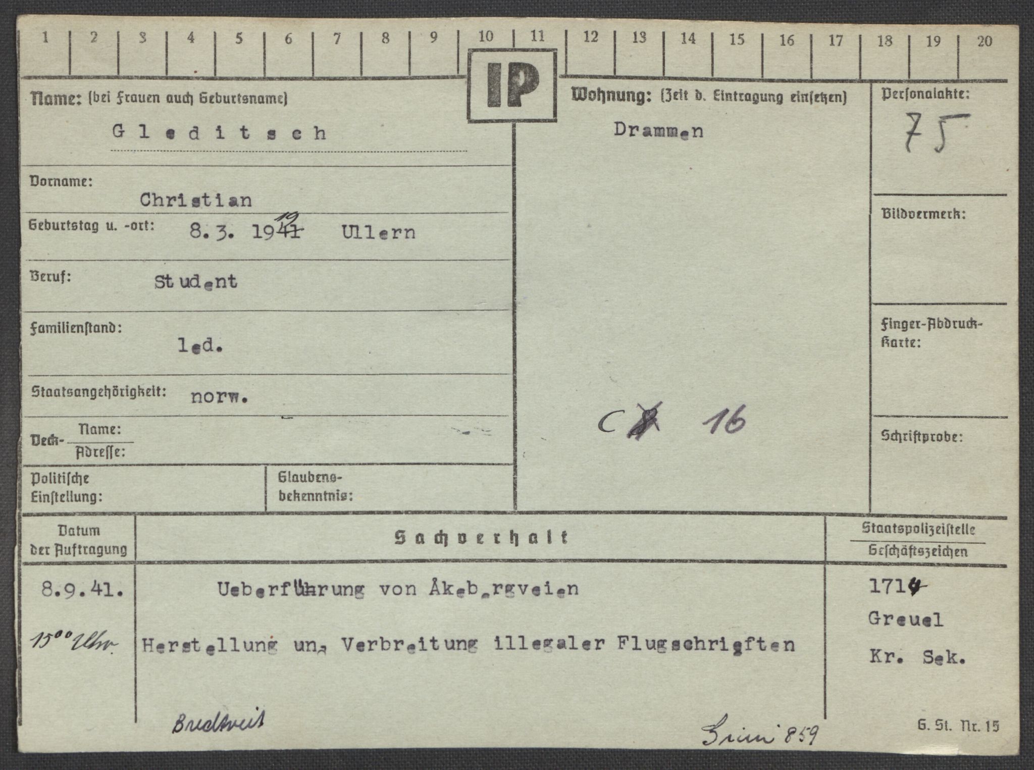 Befehlshaber der Sicherheitspolizei und des SD, AV/RA-RAFA-5969/E/Ea/Eaa/L0003: Register over norske fanger i Møllergata 19: Eng-Hag, 1940-1945, s. 867