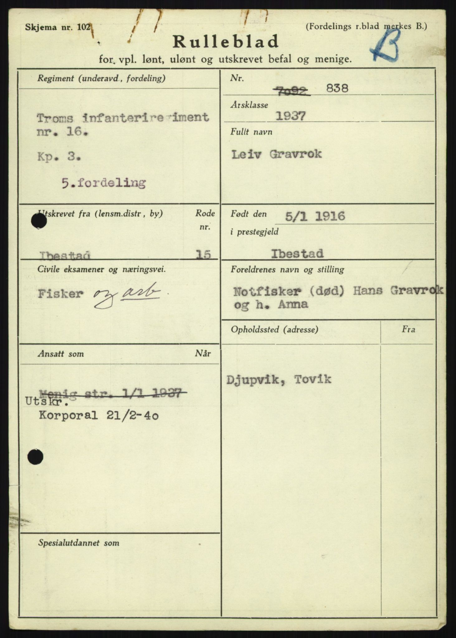 Forsvaret, Troms infanteriregiment nr. 16, AV/RA-RAFA-3146/P/Pa/L0021: Rulleblad for regimentets menige mannskaper, årsklasse 1937, 1937, s. 211