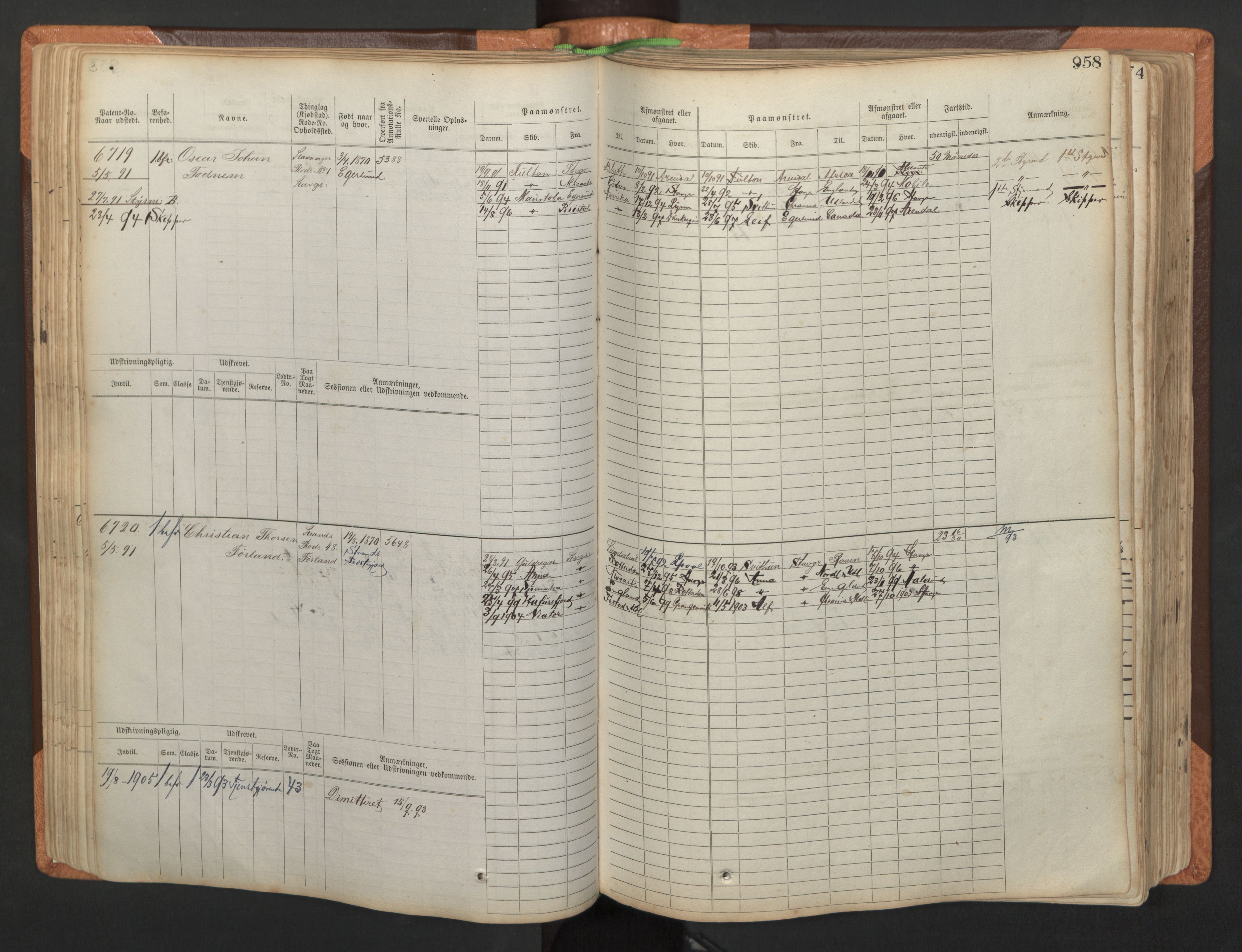 Stavanger sjømannskontor, AV/SAST-A-102006/F/Fb/Fbb/L0011: Sjøfartshovedrulle, patentnr. 6607-7206 (del 2), 1887-1896, s. 61