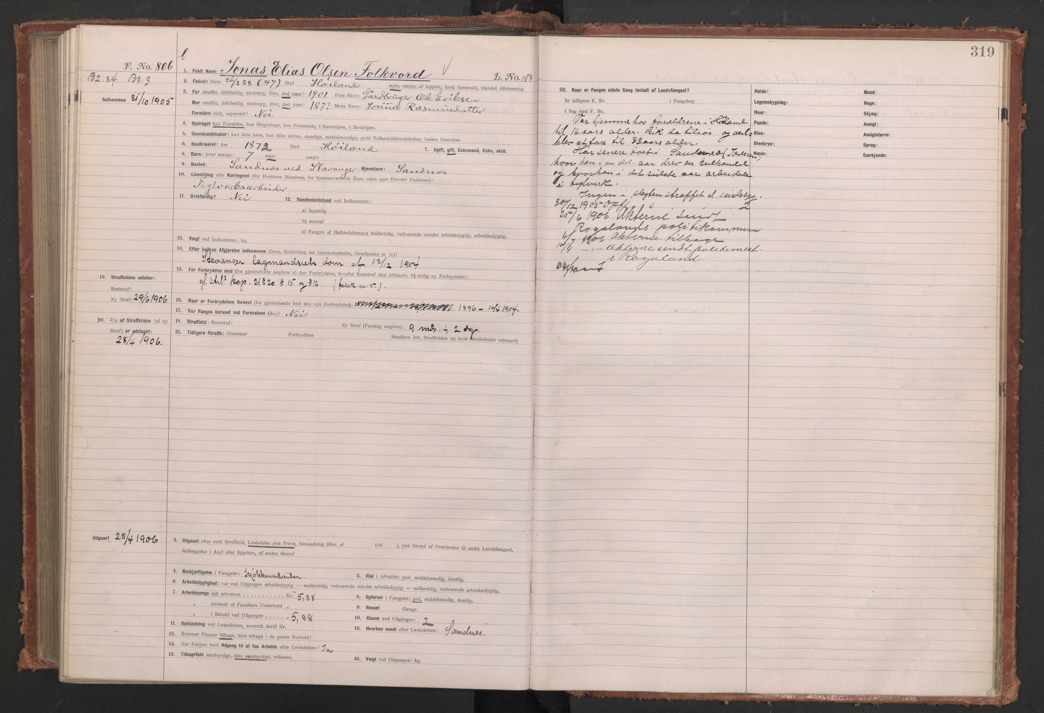 Botsfengslet, AV/RA-S-1539/D/Db/Dbb/L0039: 488l - 820l, 1904-1905, s. 319
