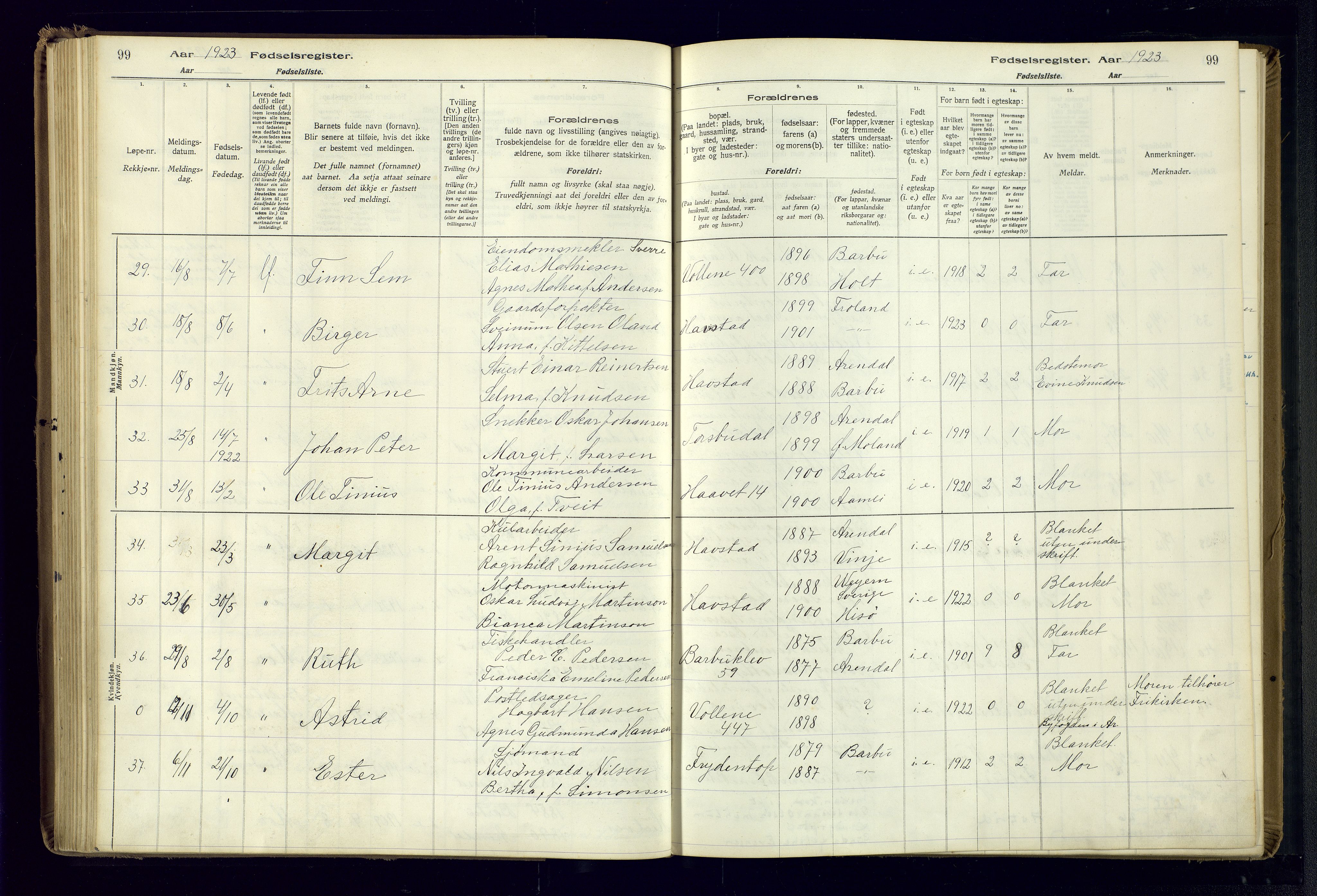 Barbu sokneprestkontor, AV/SAK-1111-0003/J/Ja/L0001: Fødselsregister nr. A-VIII-1, 1916-1937, s. 99