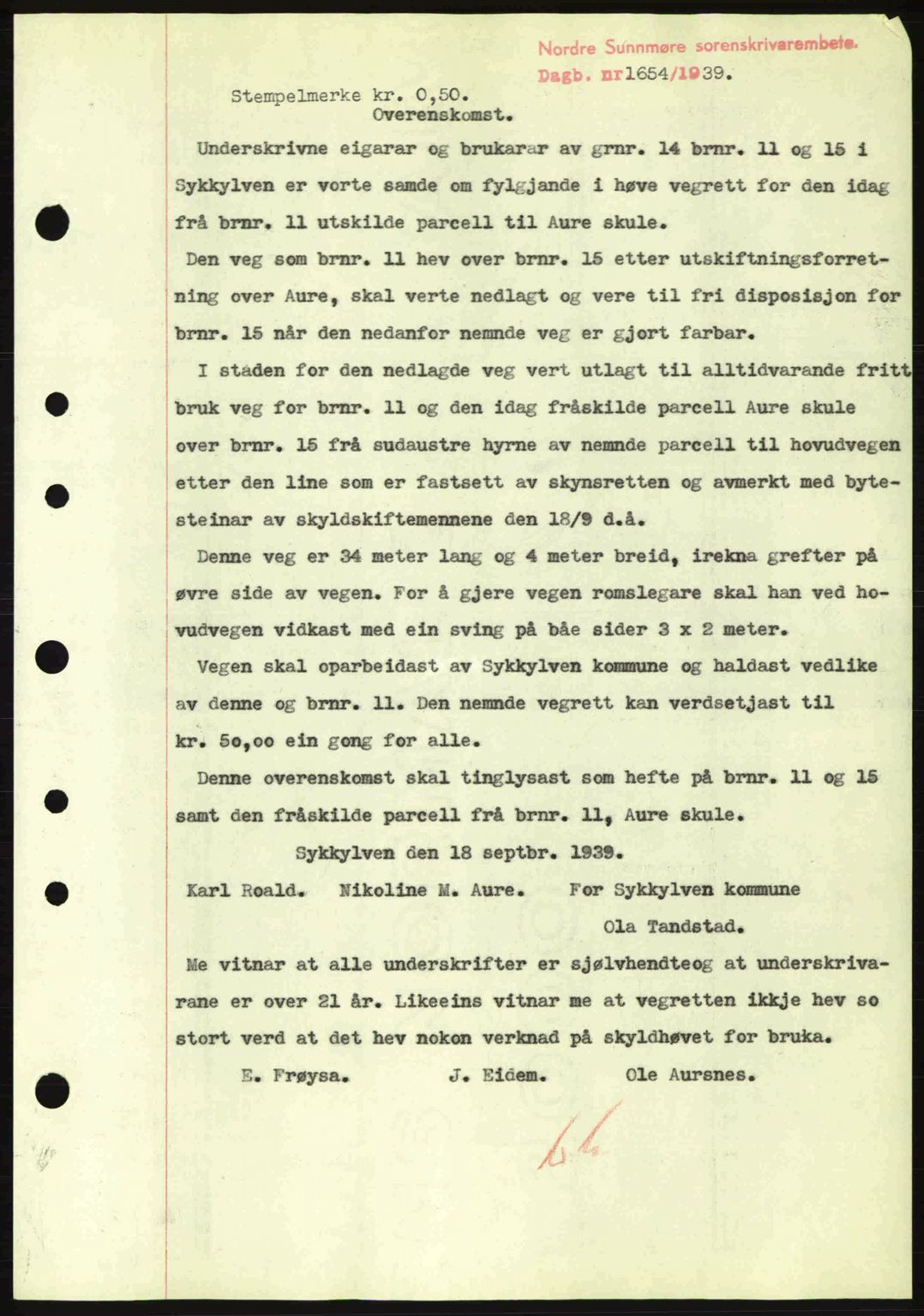 Nordre Sunnmøre sorenskriveri, SAT/A-0006/1/2/2C/2Ca: Pantebok nr. A7, 1939-1939, Dagboknr: 1654/1939
