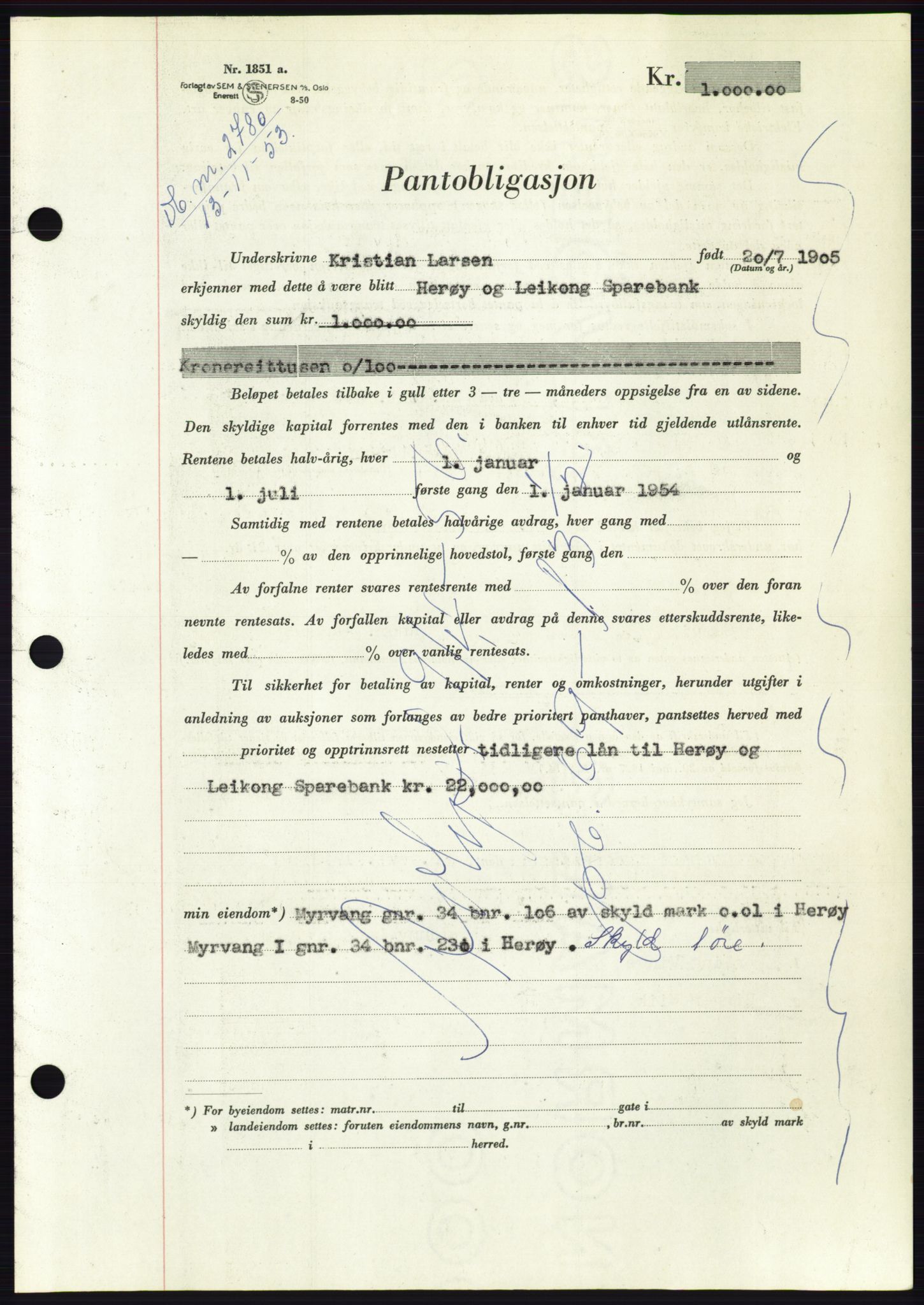 Søre Sunnmøre sorenskriveri, AV/SAT-A-4122/1/2/2C/L0124: Pantebok nr. 12B, 1953-1954, Dagboknr: 2780/1953