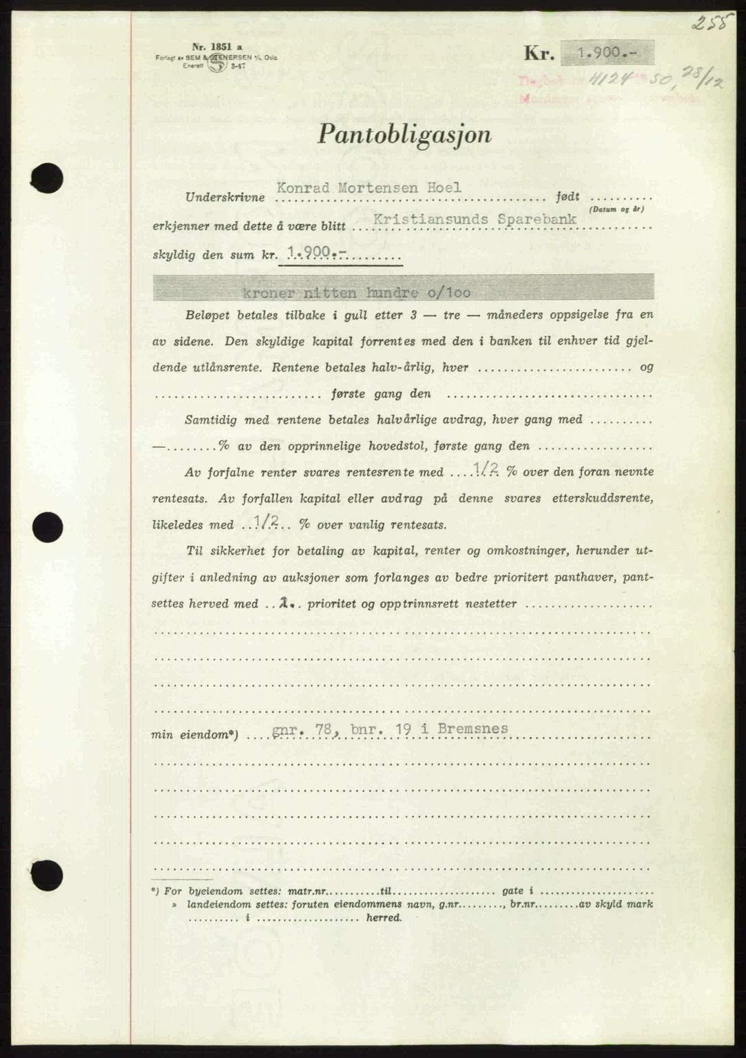 Nordmøre sorenskriveri, AV/SAT-A-4132/1/2/2Ca: Pantebok nr. A117, 1950-1950, Dagboknr: 4124/1950