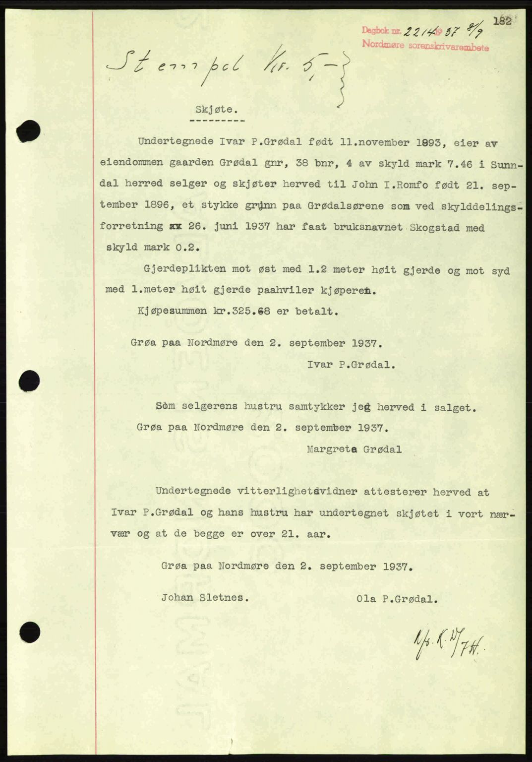 Nordmøre sorenskriveri, SAT/A-4132/1/2/2Ca: Pantebok nr. A82, 1937-1938, Dagboknr: 2214/1937