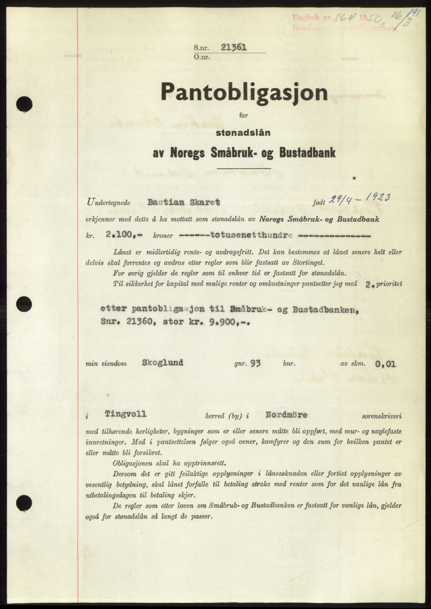 Nordmøre sorenskriveri, AV/SAT-A-4132/1/2/2Ca: Pantebok nr. B104, 1950-1950, Dagboknr: 864/1950