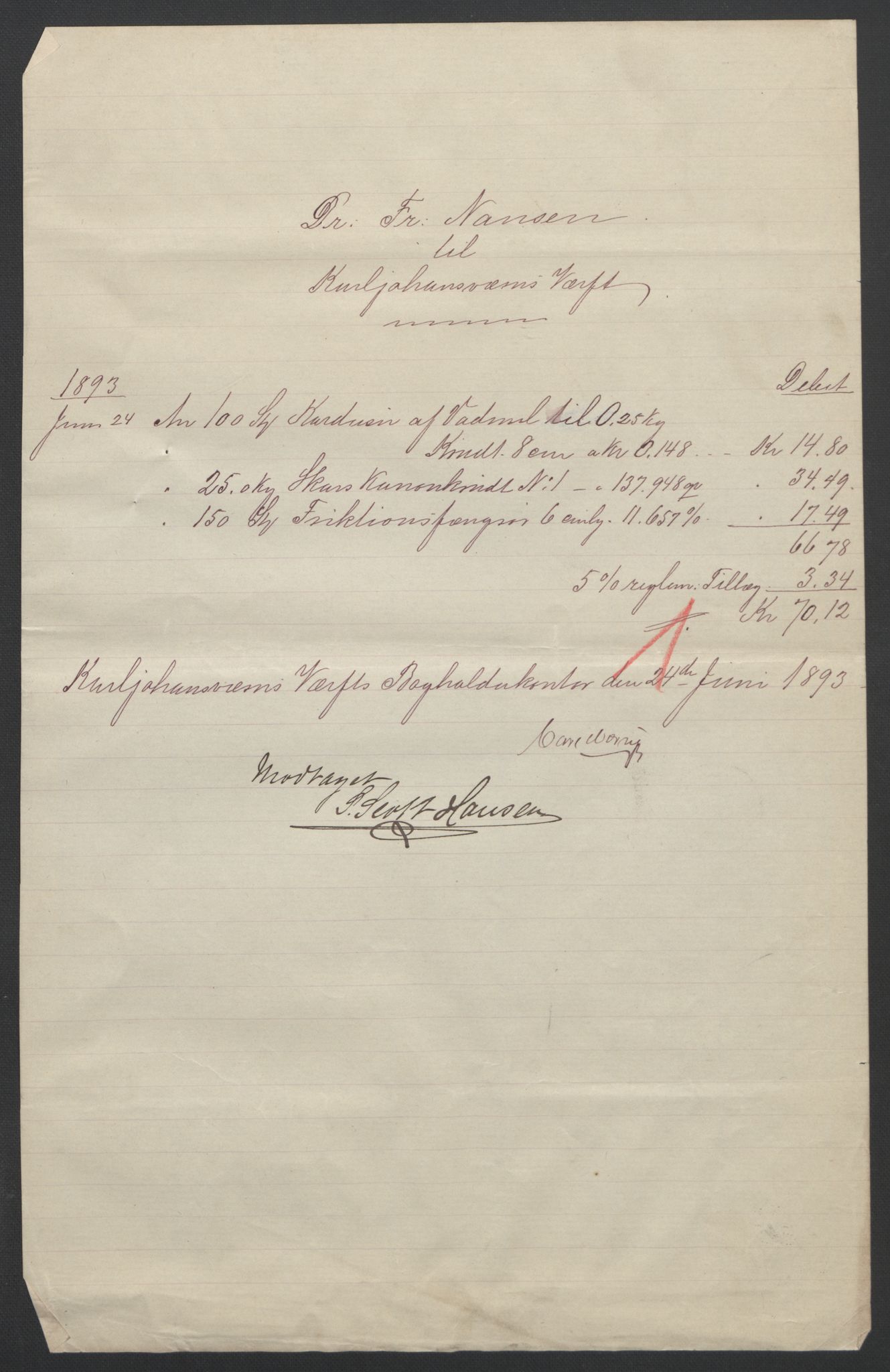 Arbeidskomitéen for Fridtjof Nansens polarekspedisjon, AV/RA-PA-0061/R/L0009/0001: Regnskapsbilag / Diverse bilag, 1891-1895, s. 8