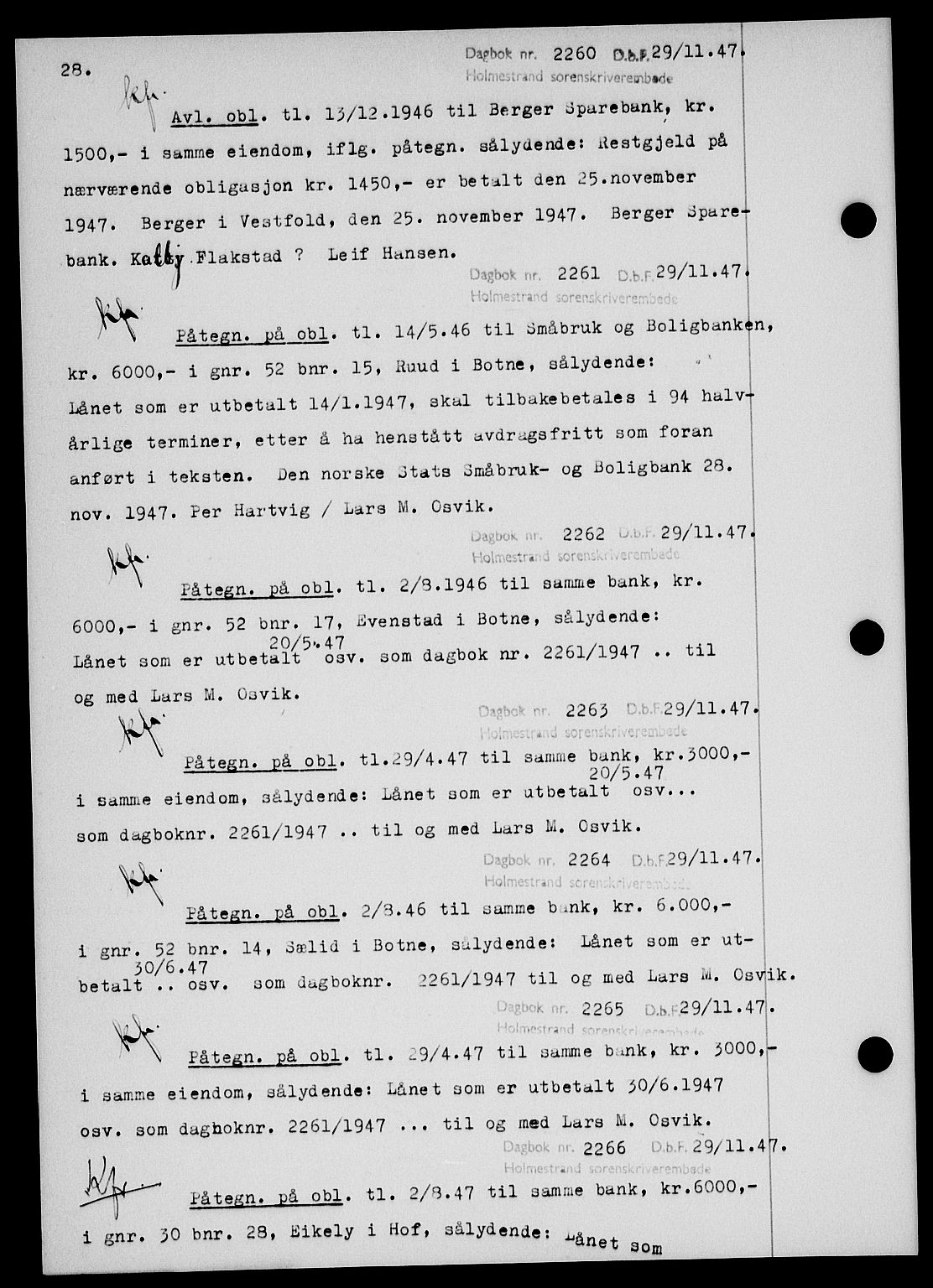 Holmestrand sorenskriveri, SAKO/A-67/G/Ga/Gab/L0058: Pantebok nr. B-58, 1947-1948, s. 28, Dagboknr: 2260/1947