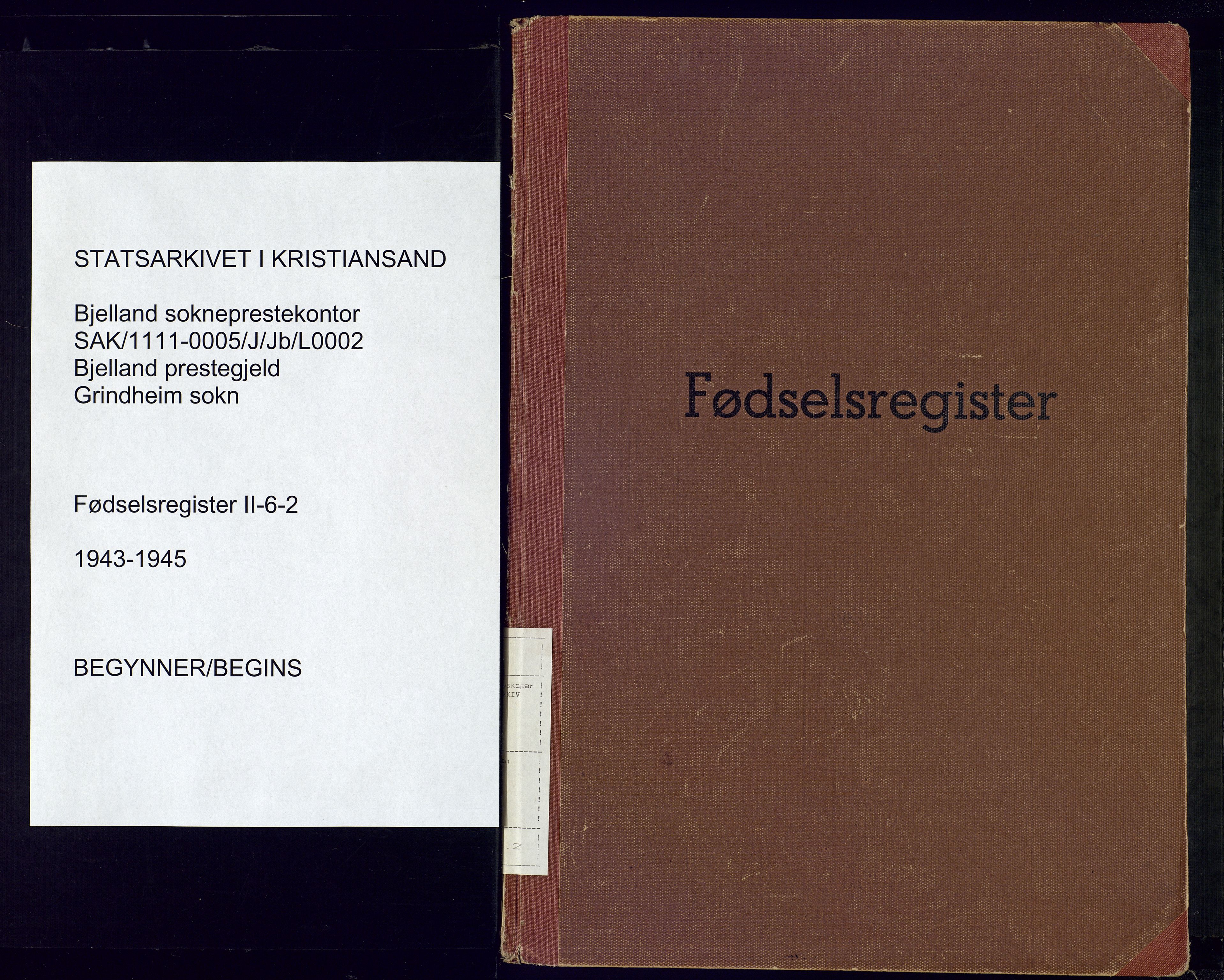 Bjelland sokneprestkontor, SAK/1111-0005/J/Jb/L0002: Fødselsregister nr. II.6.2, 1943-1945