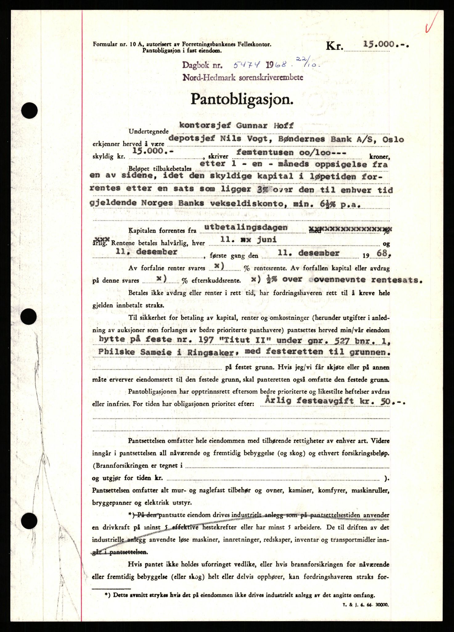 Nord-Hedmark sorenskriveri, SAH/TING-012/H/Hb/Hbf/L0077: Pantebok nr. B77, 1968-1969, Dagboknr: 5474/1968