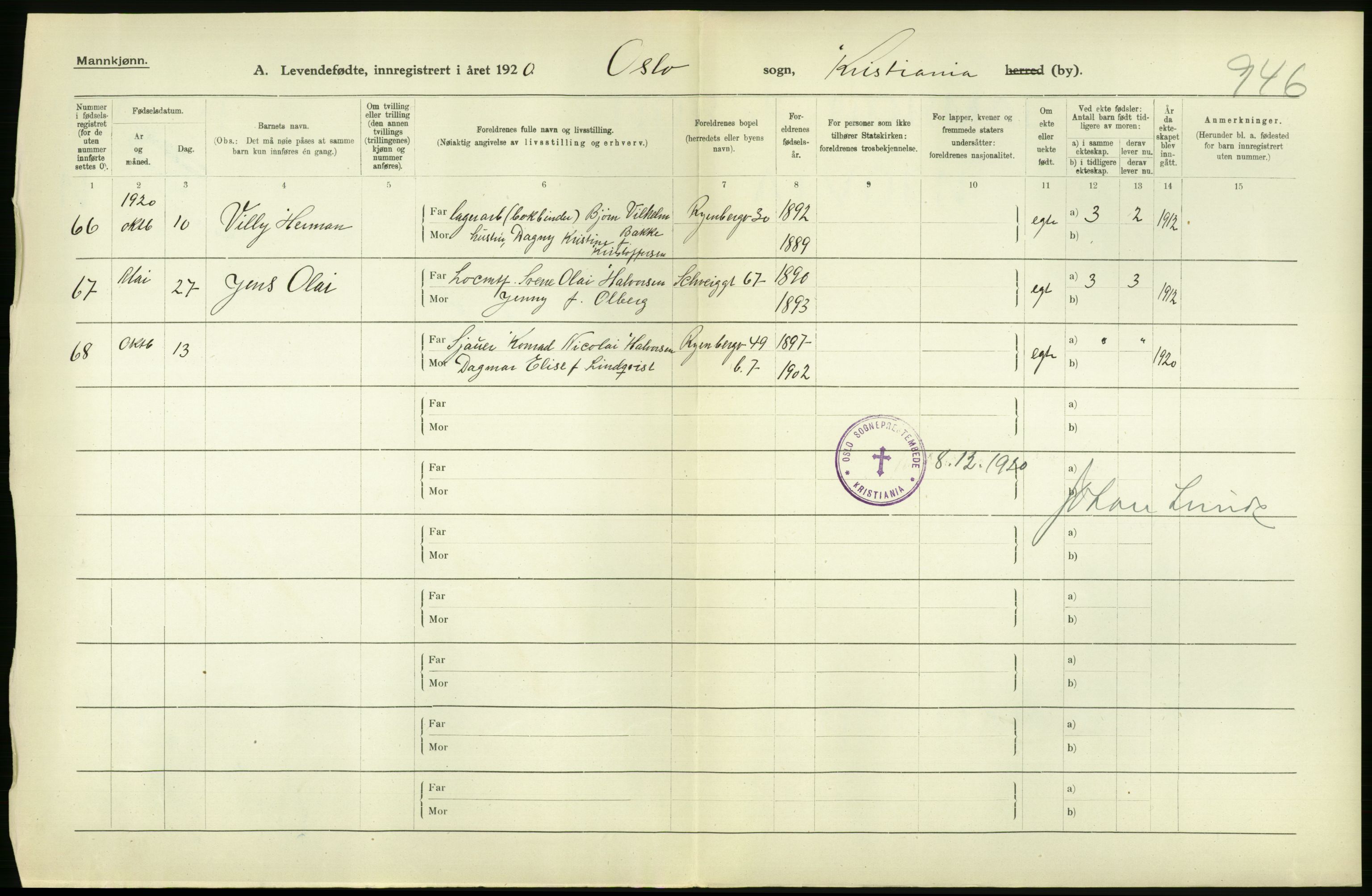Statistisk sentralbyrå, Sosiodemografiske emner, Befolkning, AV/RA-S-2228/D/Df/Dfb/Dfbj/L0008: Kristiania: Levendefødte menn og kvinner., 1920, s. 22