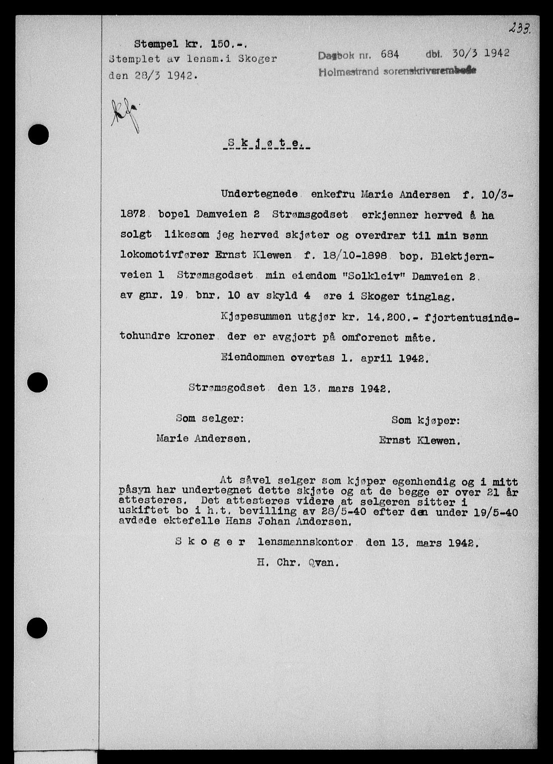 Holmestrand sorenskriveri, SAKO/A-67/G/Ga/Gaa/L0055: Pantebok nr. A-55, 1942-1942, Dagboknr: 684/1942