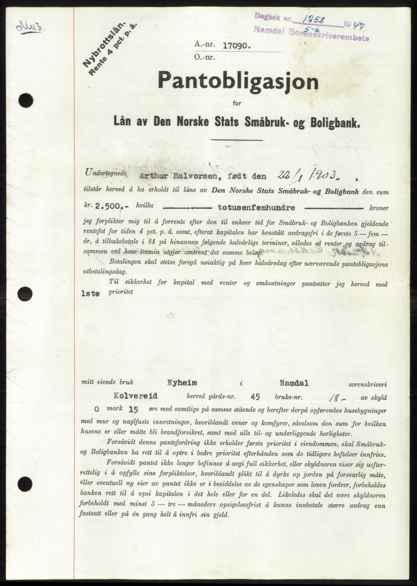 Namdal sorenskriveri, SAT/A-4133/1/2/2C: Pantebok nr. -, 1947-1947, Dagboknr: 1258/1947