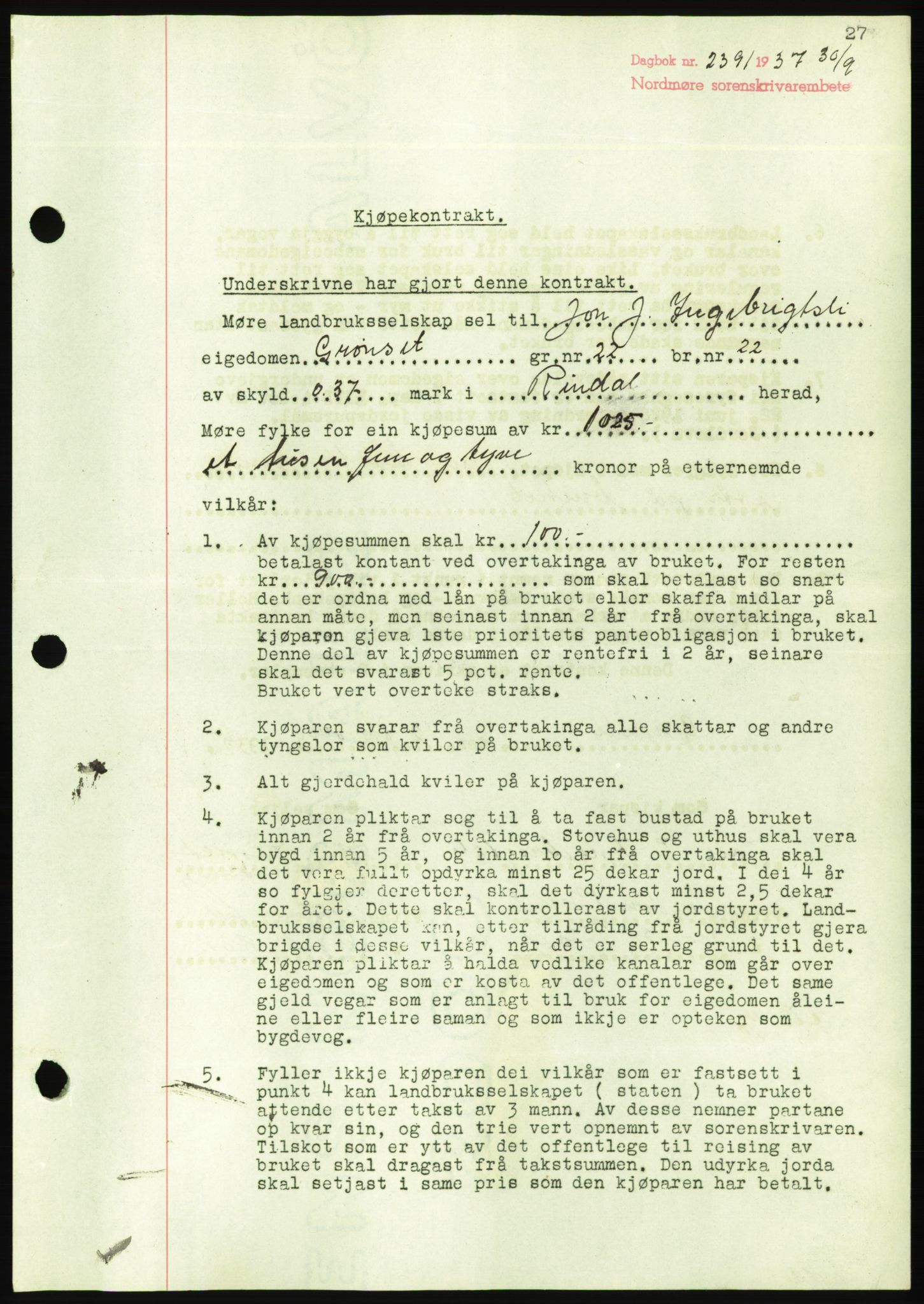 Nordmøre sorenskriveri, AV/SAT-A-4132/1/2/2Ca/L0092: Pantebok nr. B82, 1937-1938, Dagboknr: 2391/1937